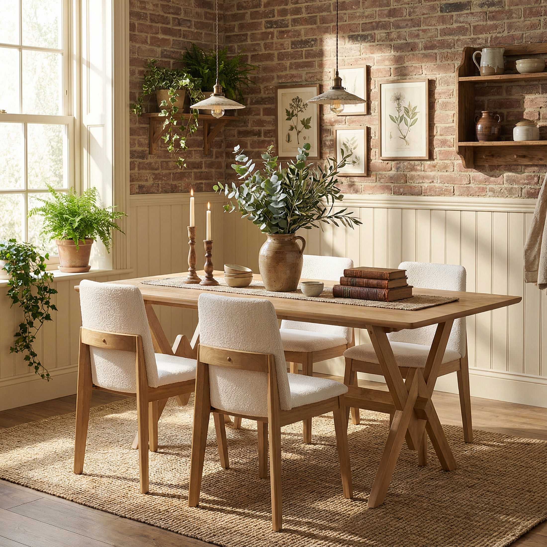 Christopher Knight Home Modern Dining Set for 4, Armless Chairs with 63" Double V Table, Beige+Natural