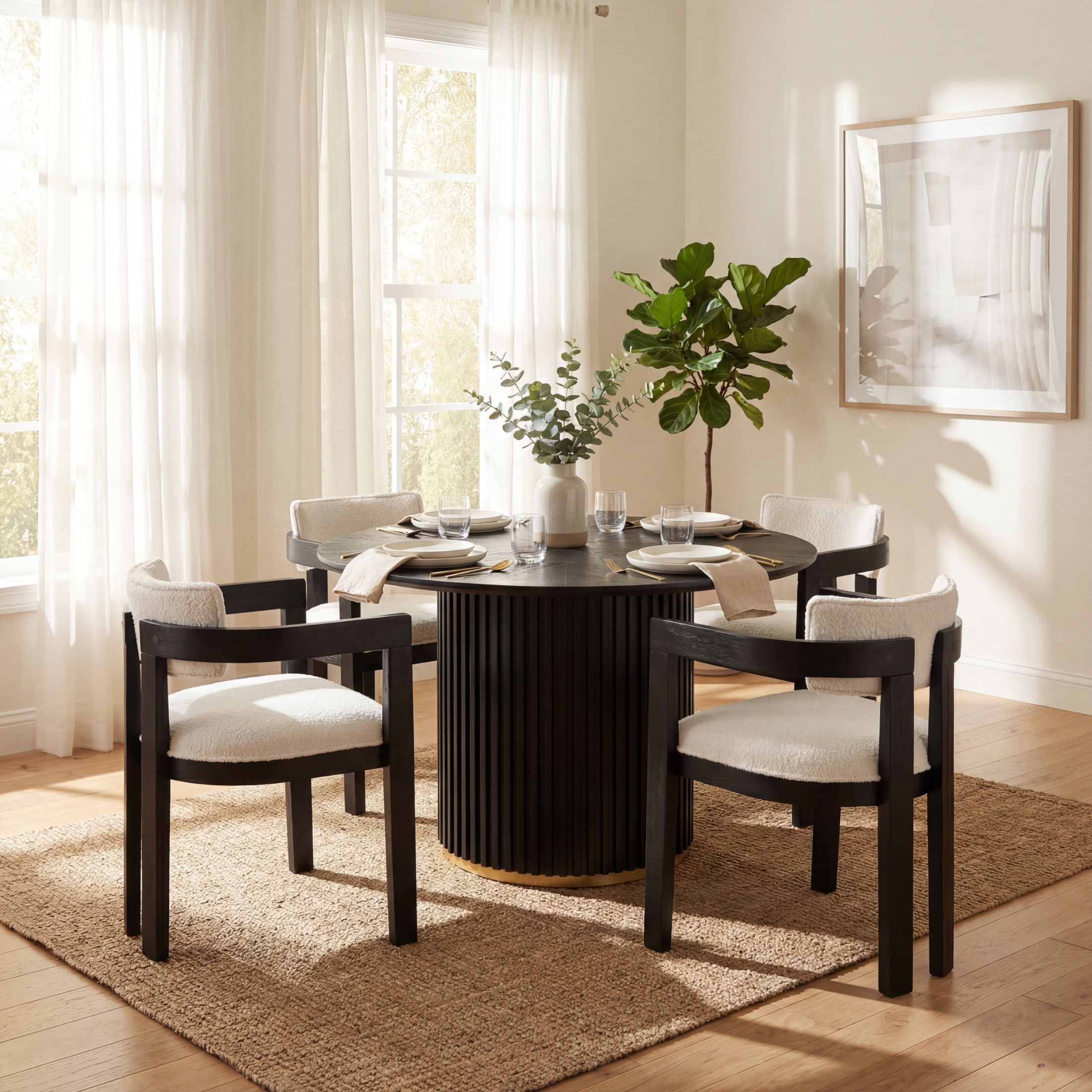 Christopher Knight Home Modern Dining Set for 4, Round Table with Upholstered Chairs, Black