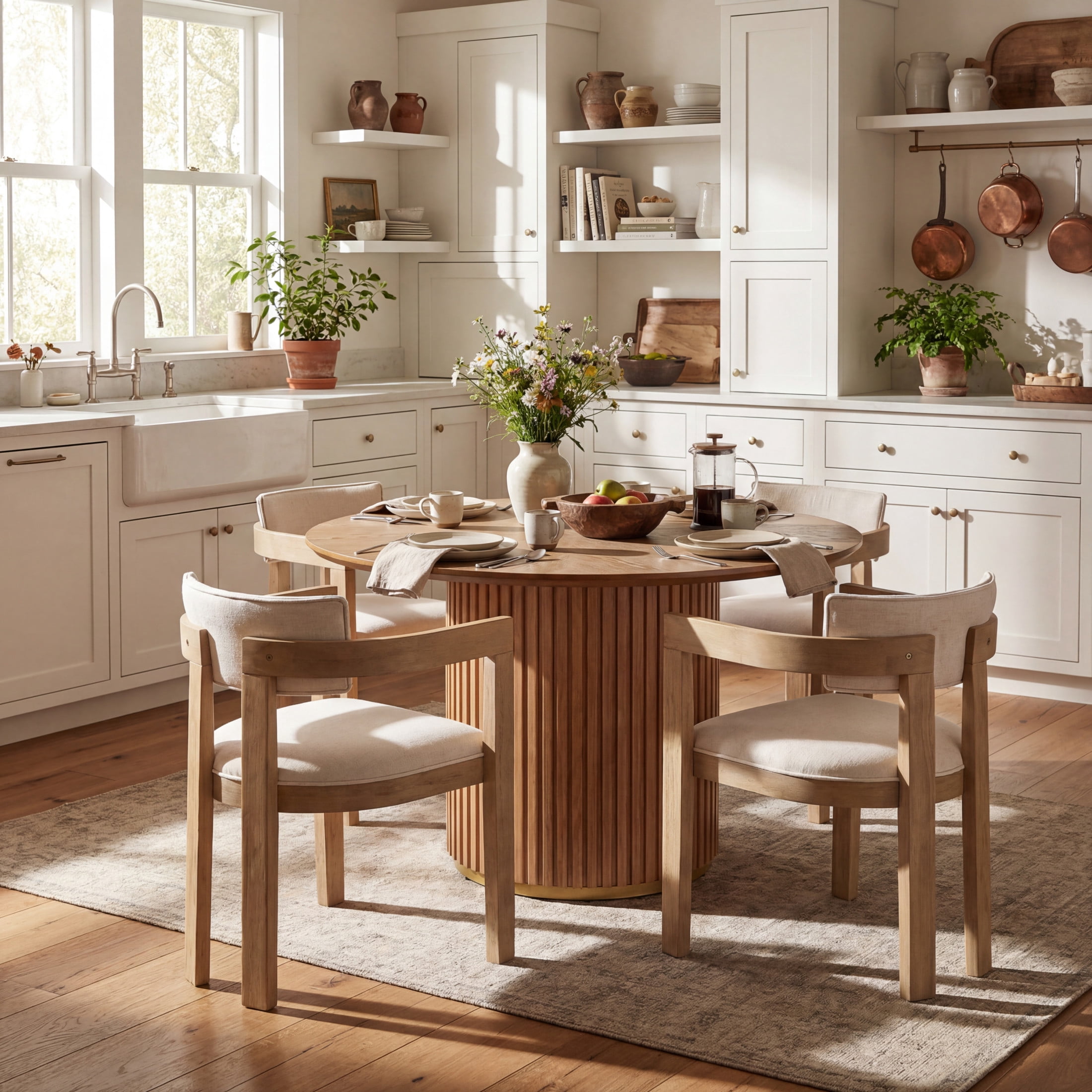 Christopher Knight Home Modern Dining Set for 4, Round Table with Upholstered Chairs, Light Ash