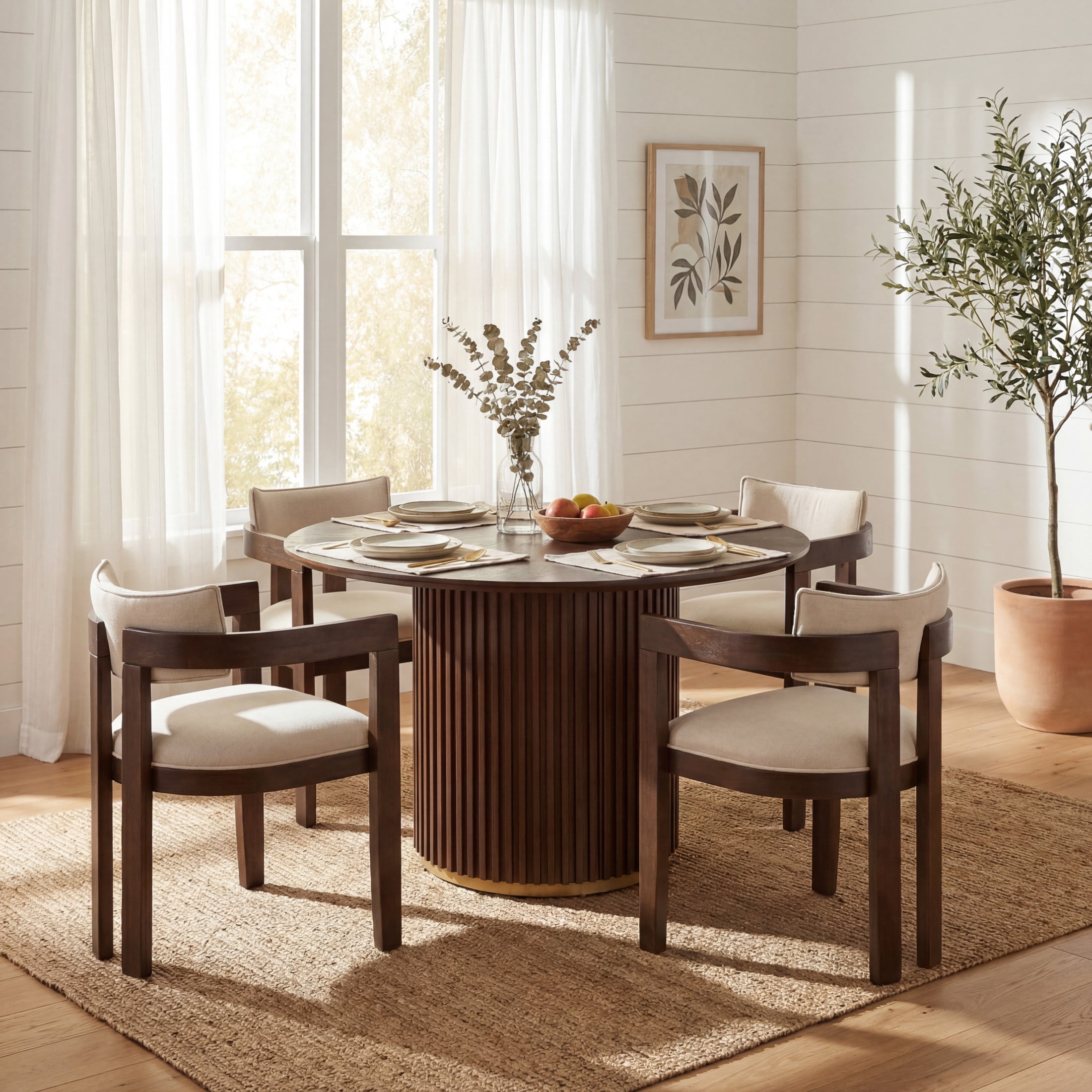 Christopher Knight Home Modern Dining Set for 4, Round Table with Upholstered Chairs, Walnut