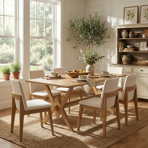 Christopher Knight Home Modern Dining Set for 6, Armless Chairs with 63" Double V Table, Beige+Natural