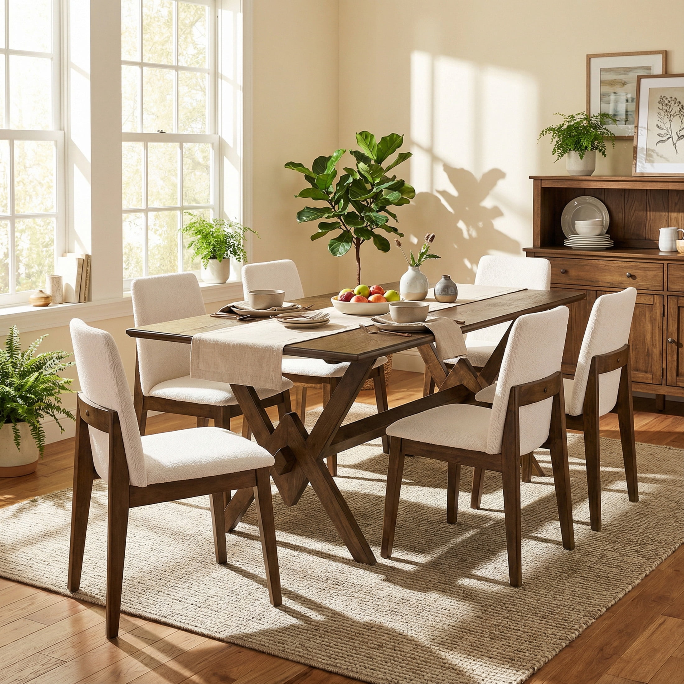 Christopher Knight Home Modern Dining Set for 6, Armless Chairs with 63" Double V Table, Beige+Walnut