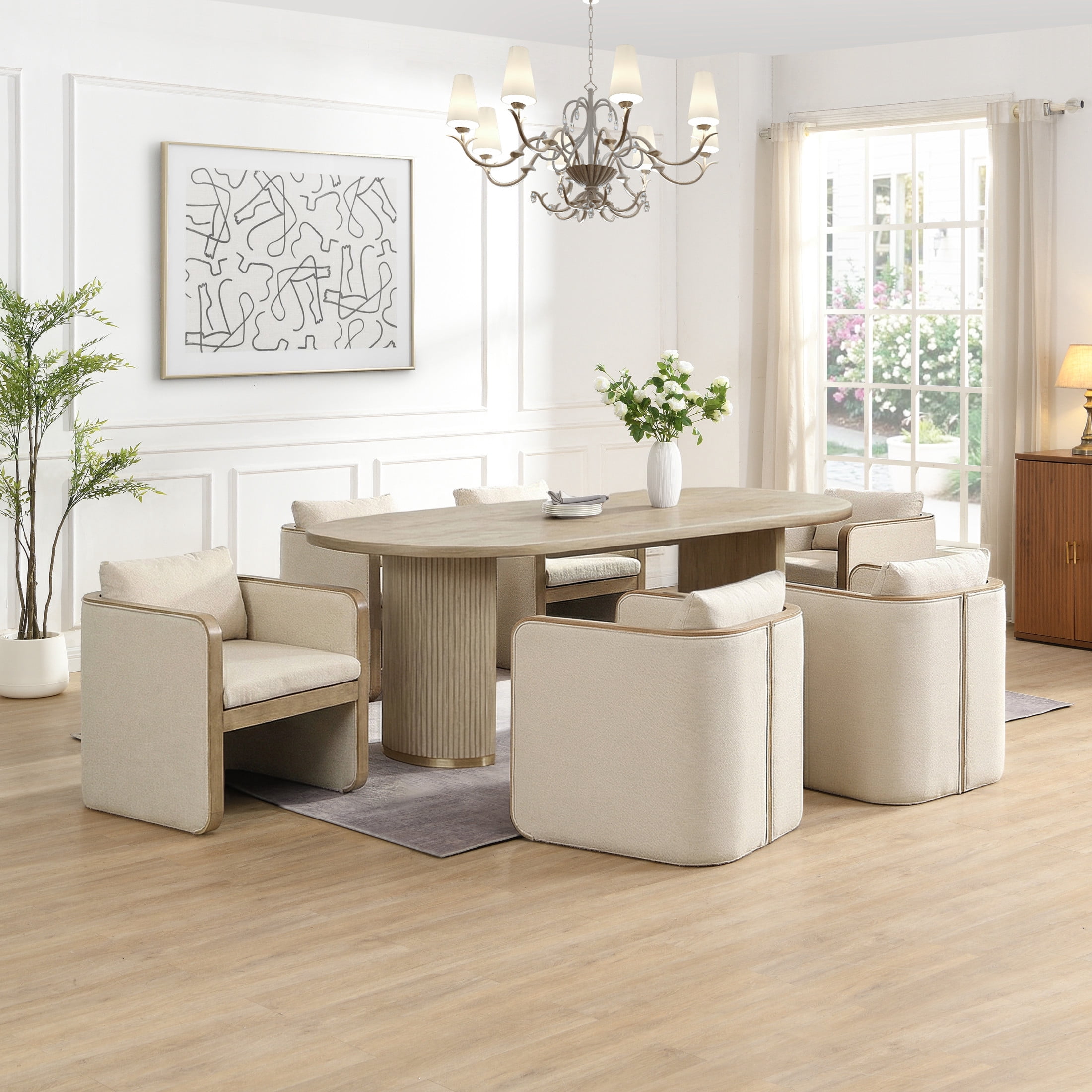 Christopher Knight Home Modern Dining Set for 6, Double Pedestal Table with Upholstered Armchairs, Natural Ash+Beige