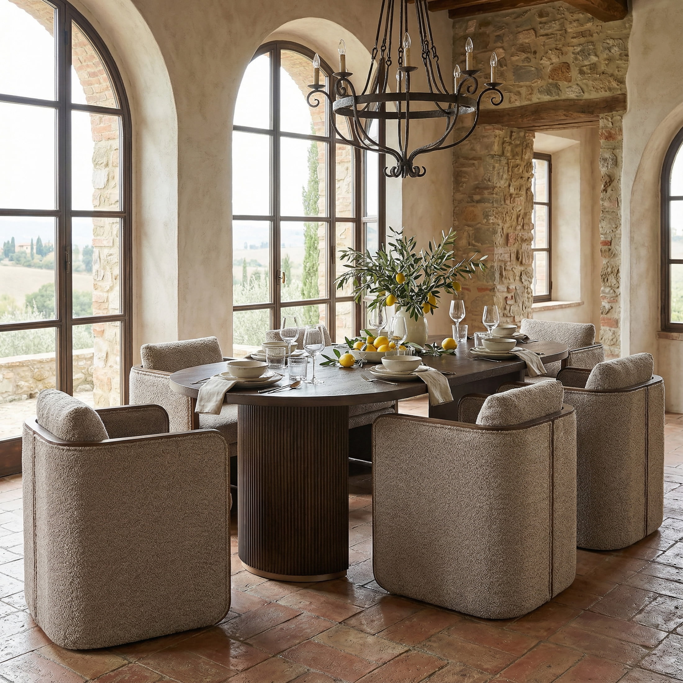 Christopher Knight Home Modern Dining Set for 6, Double Pedestal Table with Upholstered Armchairs, Walnut+Taupe