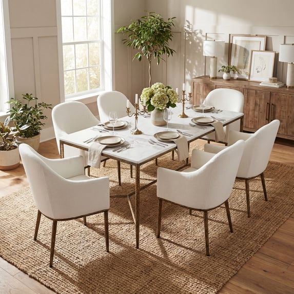 Christopher Knight Home Modern Dining Set for 6, Marble Top Table with Armchairs, Metal Legs, Forged Brass