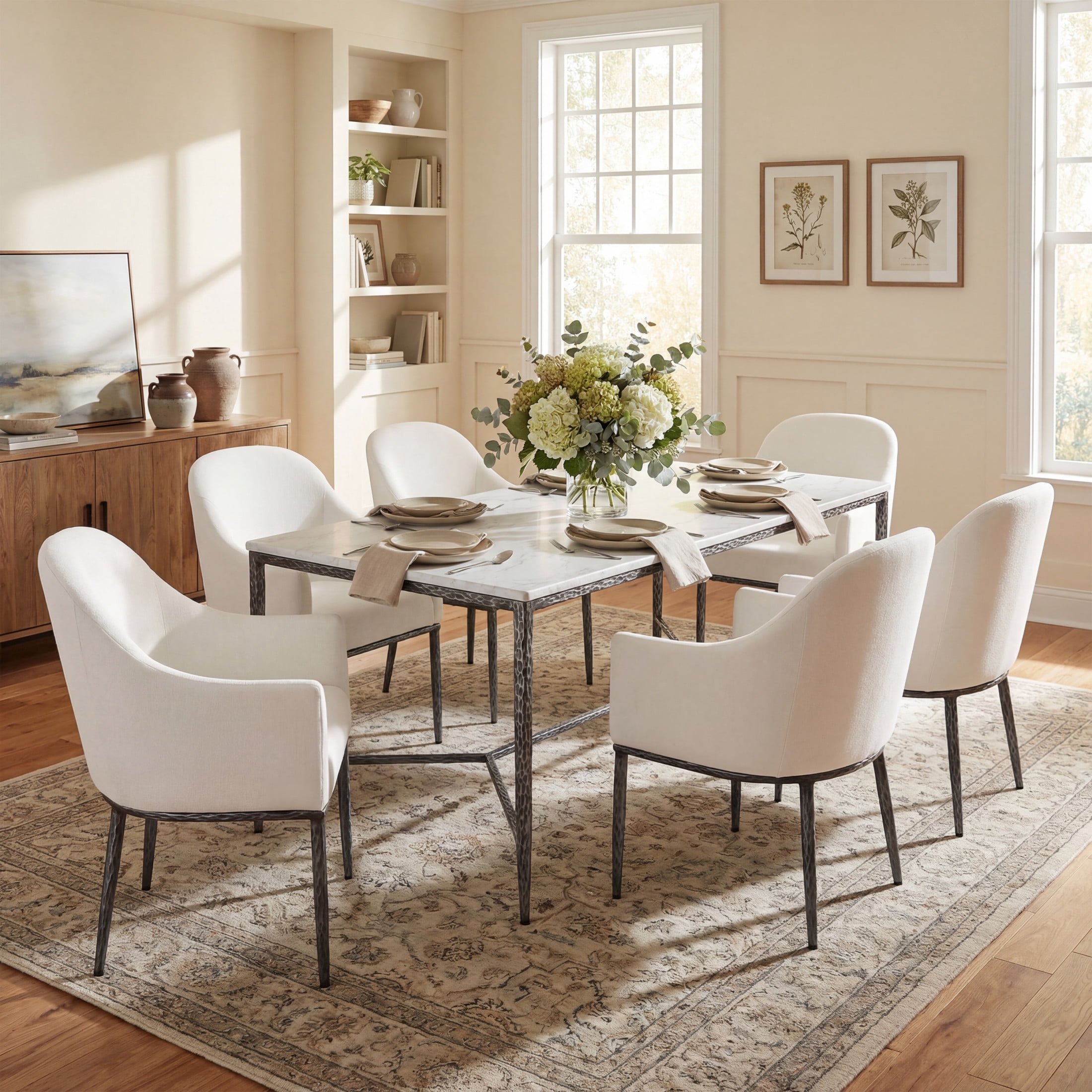 Christopher Knight Home Modern Dining Set for 6, Marble Top Table with Armchairs, Metal Legs, Forged Pewter