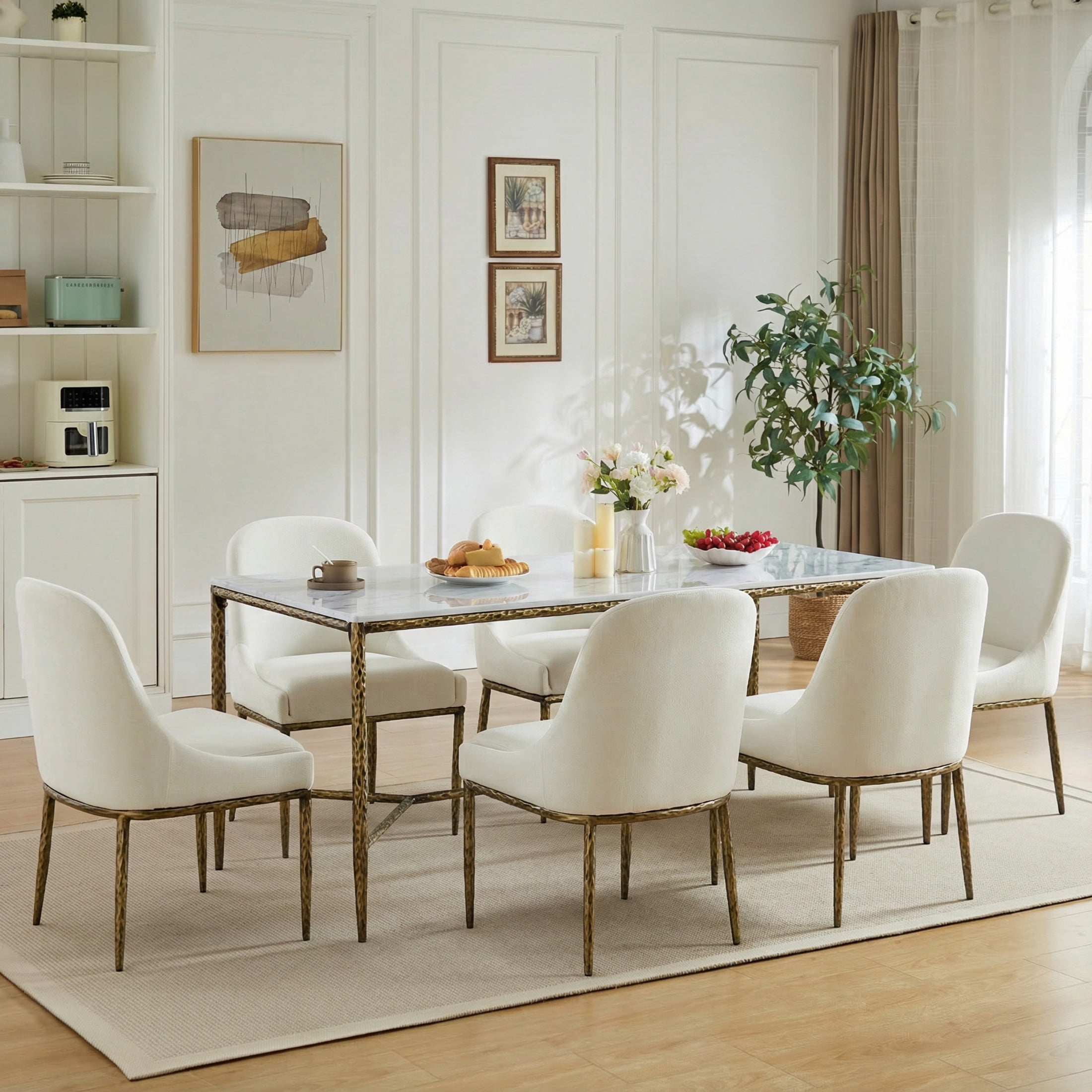 Christopher Knight Home Modern Dining Set for 6, Marble Top Table with Armless Chairs, Metal Legs, Forged Brass