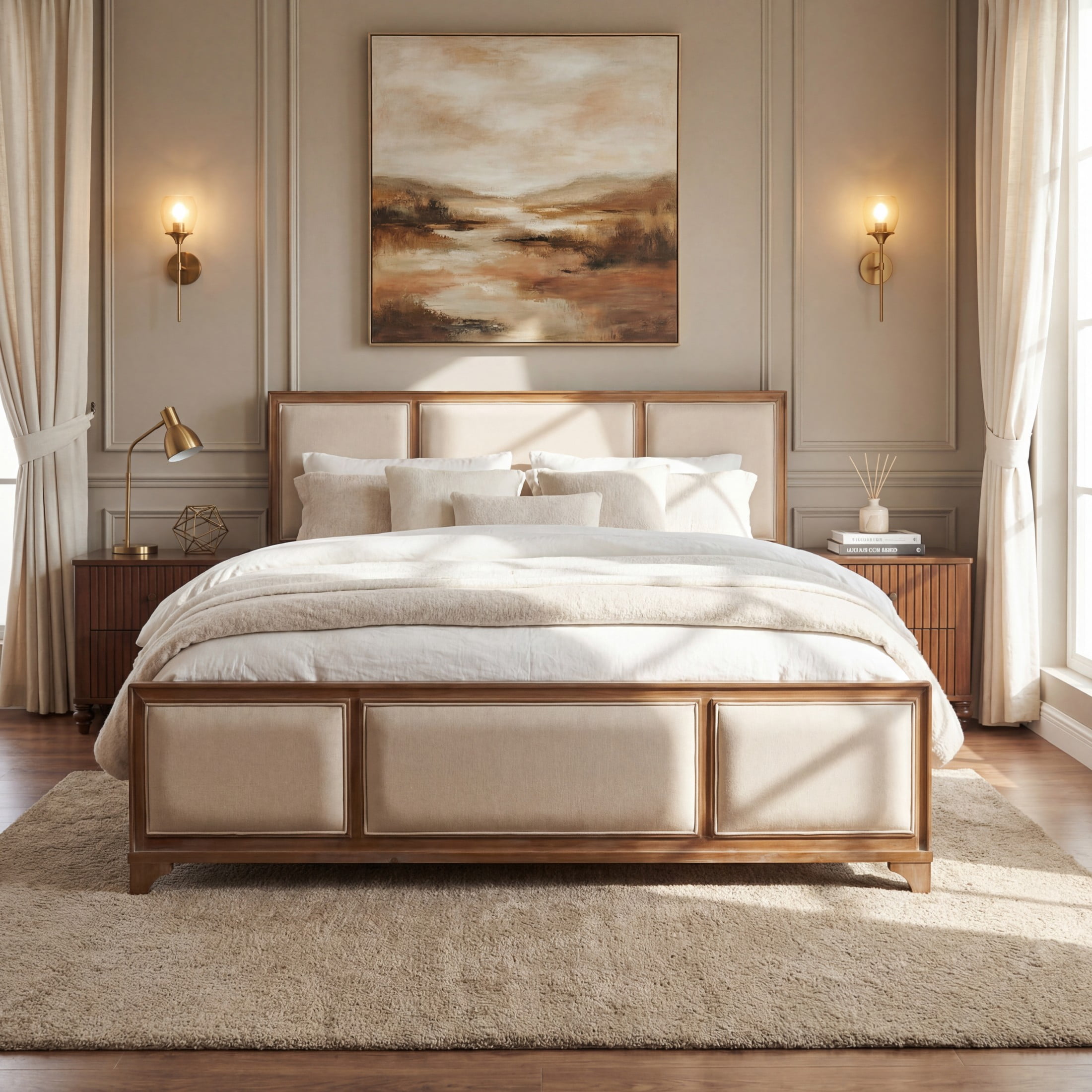 Christopher Knight Home Modern Farmhouse King Upholstered Platform Bed with Headboard, Natural+Beige