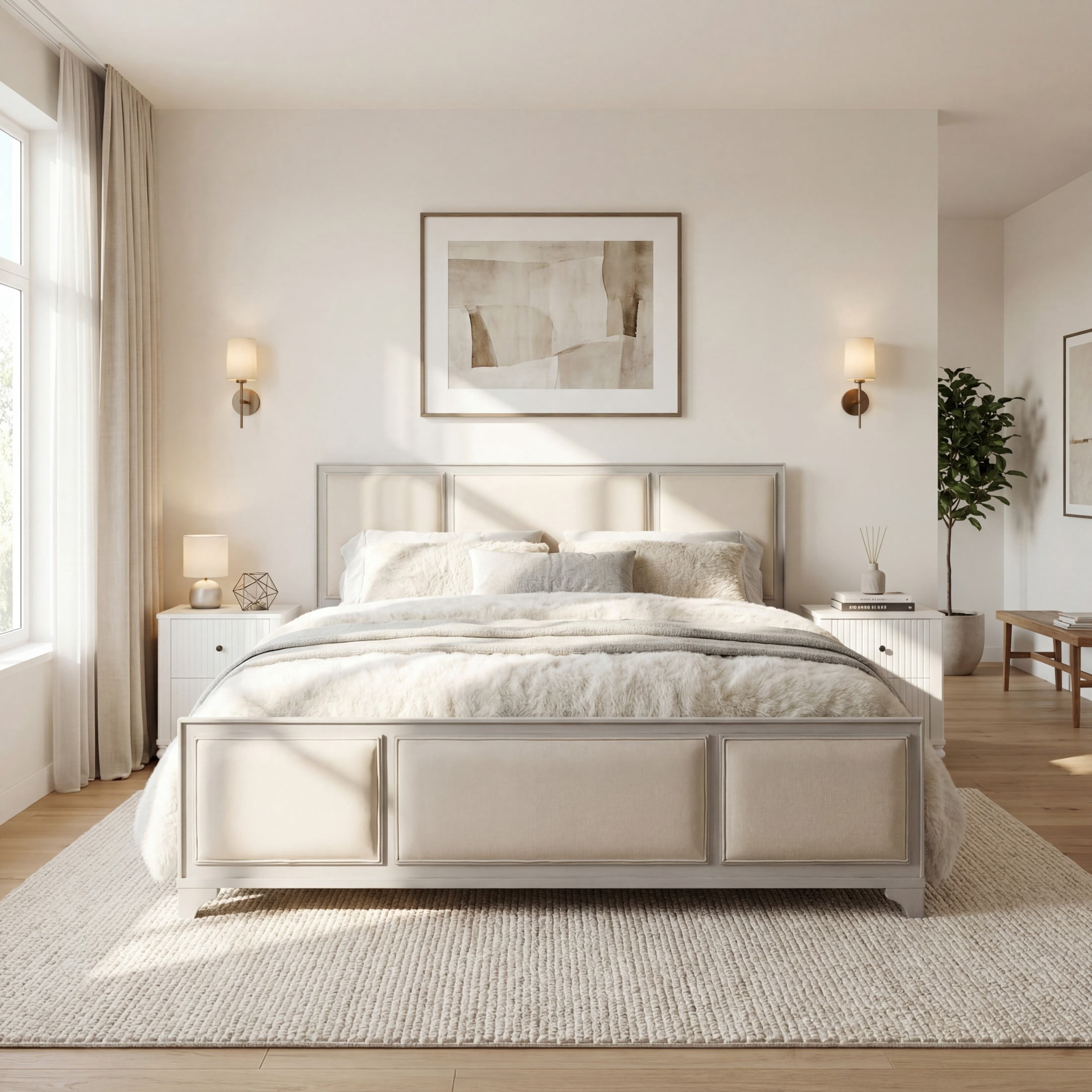 Christopher Knight Home Modern Farmhouse King Upholstered Platform Bed with Headboard, White+Beige