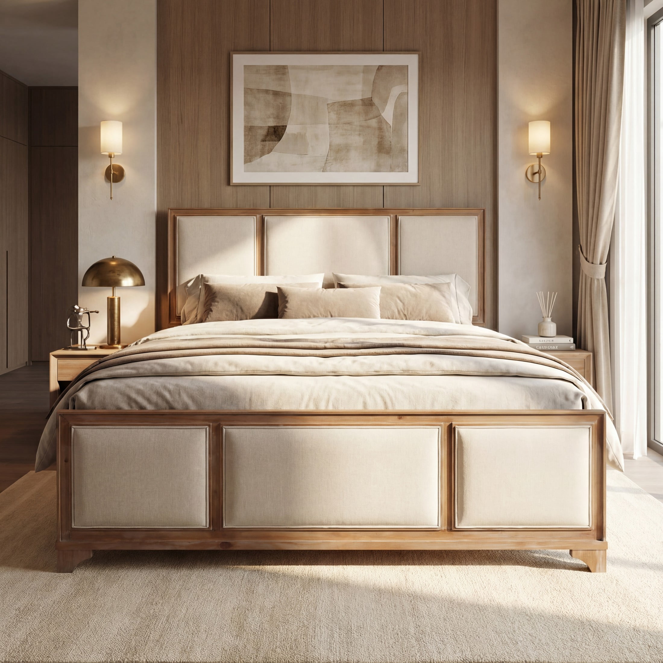Christopher Knight Home Modern Farmhouse Queen Upholstered Platform Bed with Headboard, Natural+Beige