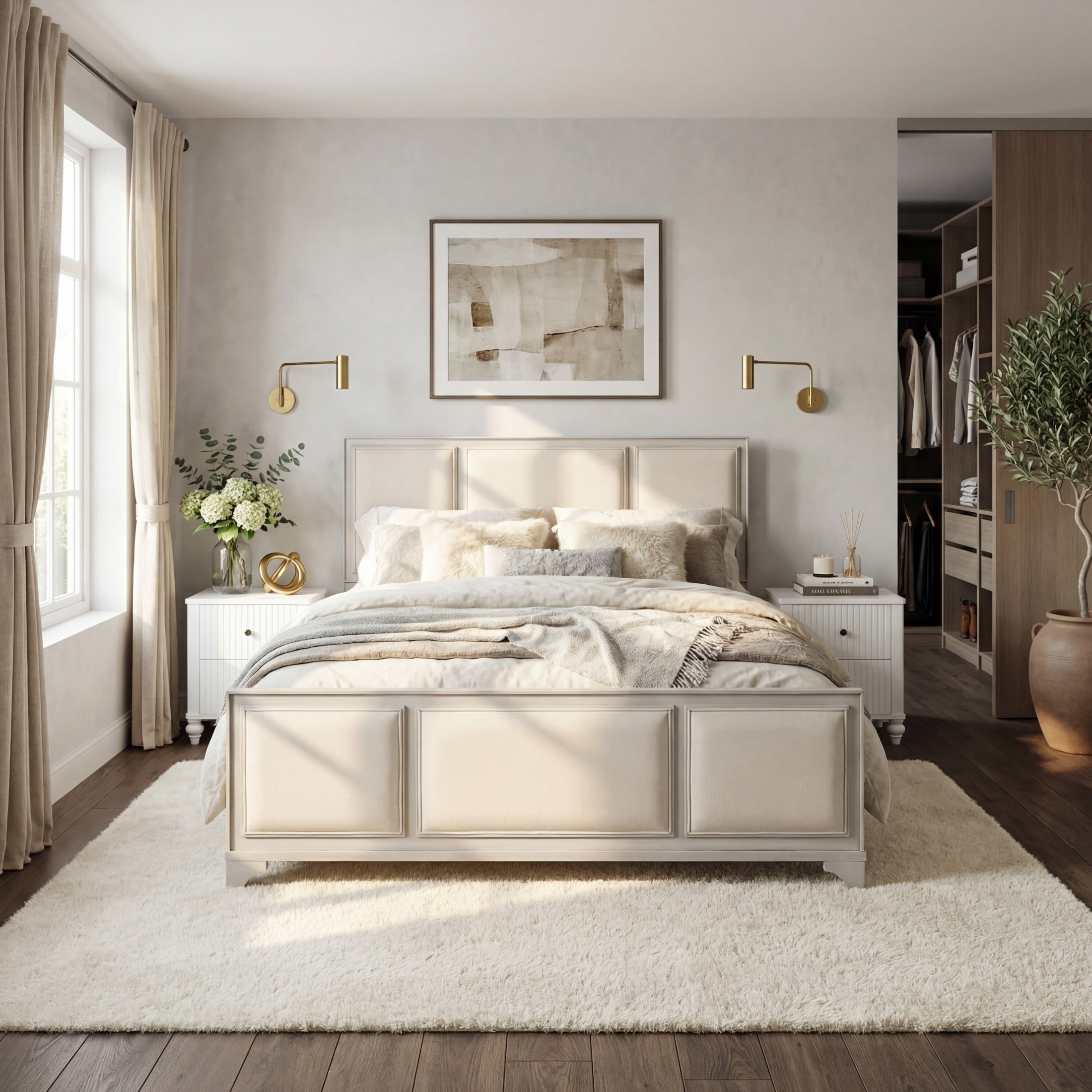 Christopher Knight Home Modern Farmhouse Queen Upholstered Platform Bed with Headboard, White+Beige