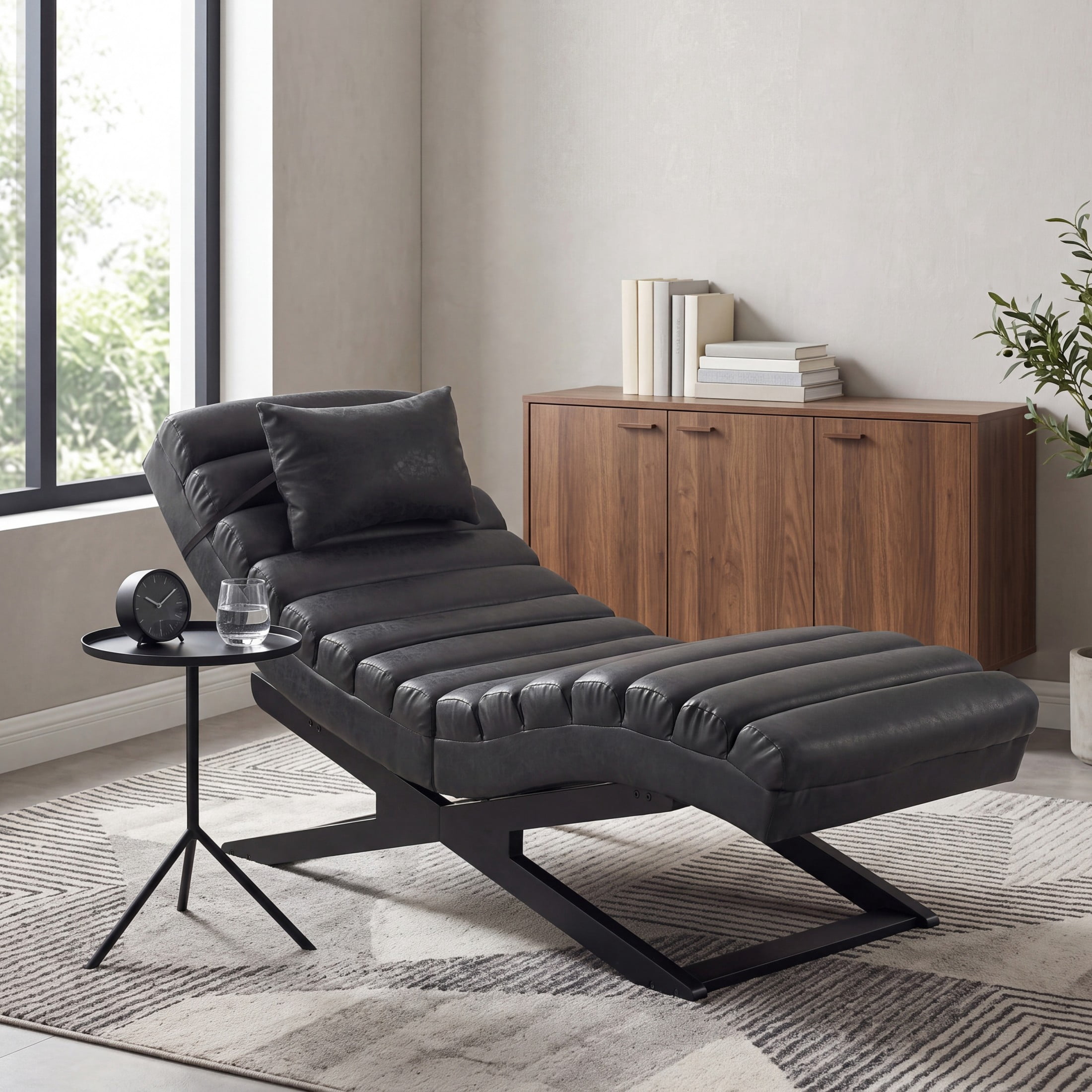 Christopher Knight Home Modern Faux Leather Curved Chaise Lounge with Solid Wood Base, Black