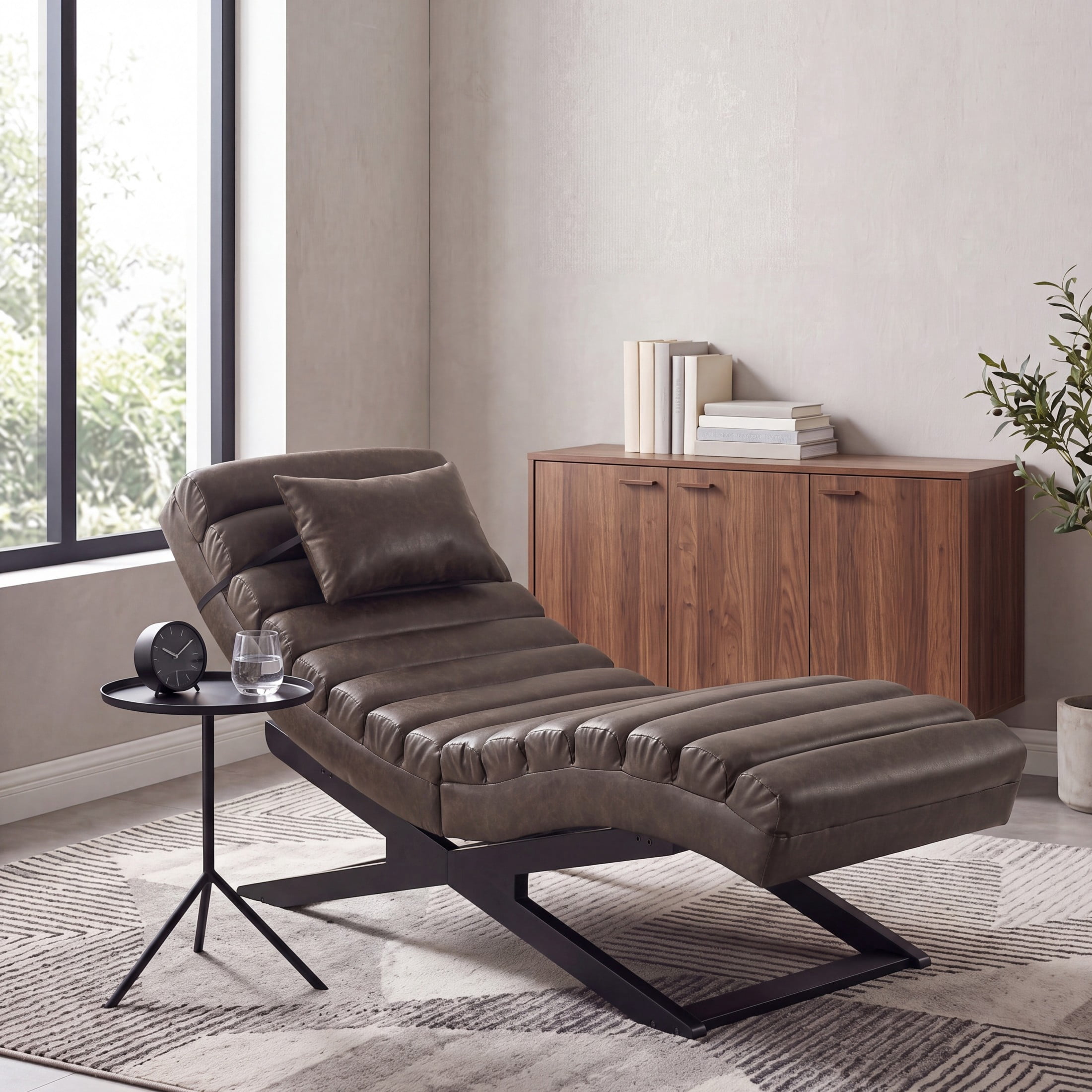 Christopher Knight Home Modern Faux Leather Curved Chaise Lounge with Solid Wood Base, Brown
