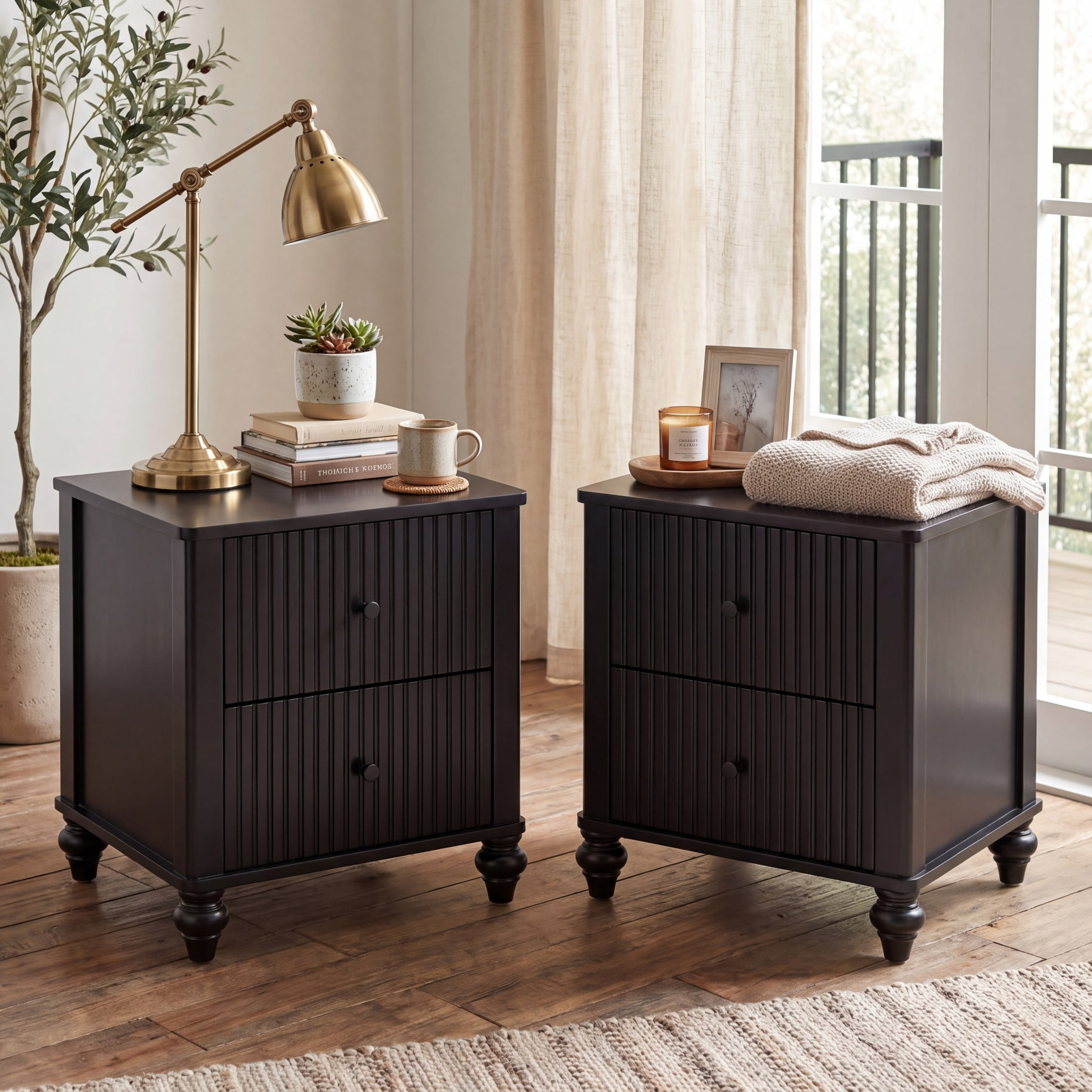 Christopher Knight Home Modern Fluted Nightstand, 2-Drawer Bedside Table with Turned Legs, Black, Set of 2
