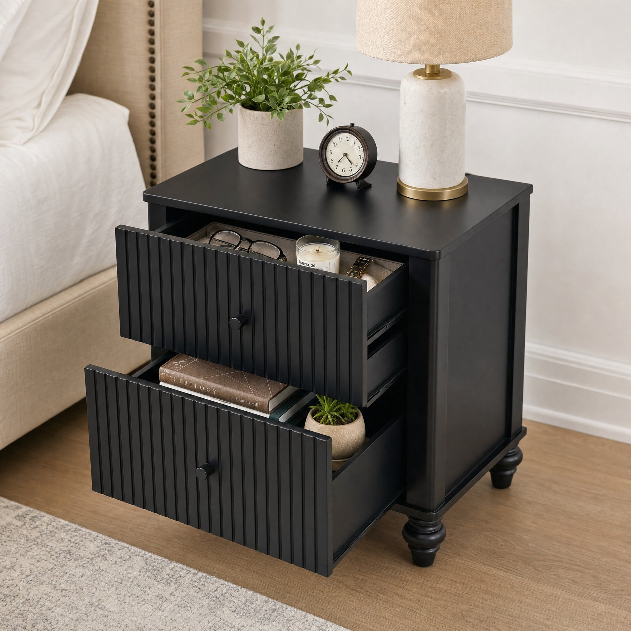 Christopher Knight Home Modern Fluted Nightstand, 2-Drawer Bedside Table with Turned Legs, Black