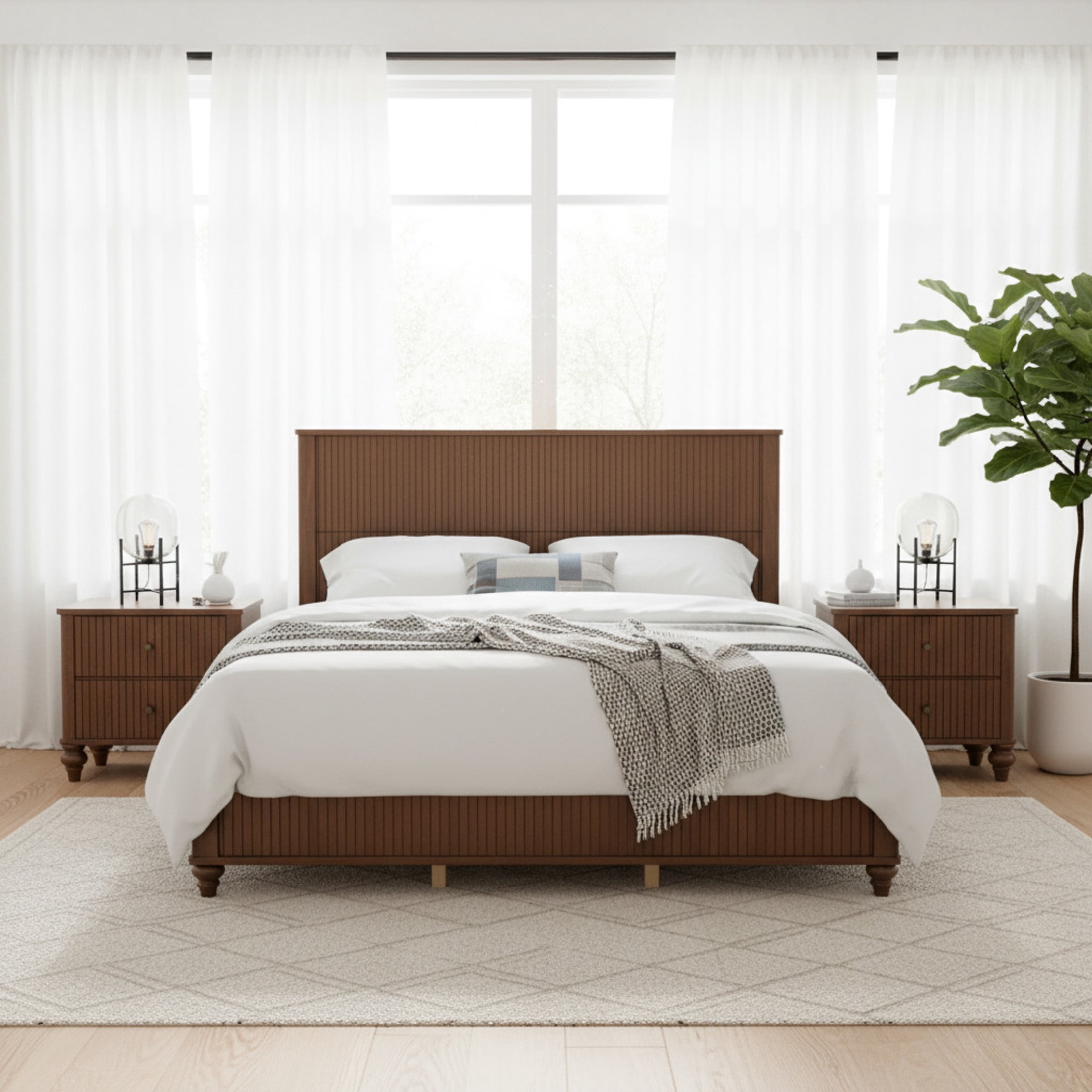 Christopher Knight Home Modern King Bed Frame with 2 Drawer Nightstands, Grooved Design, Walnut