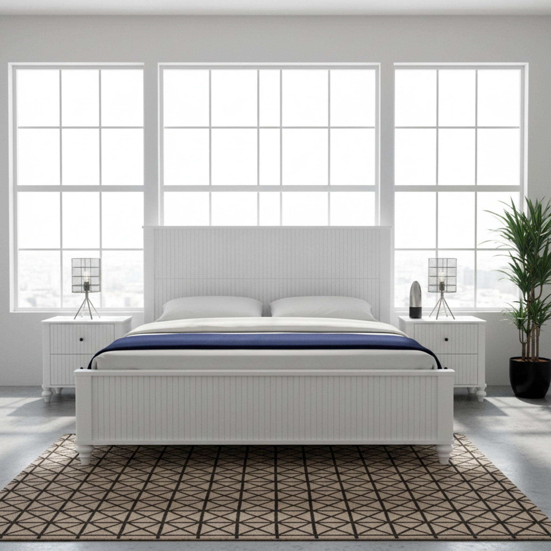 Christopher Knight Home Modern King Bed Frame with 2 Drawer Nightstands, Grooved Design, White