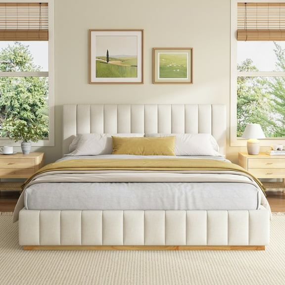Christopher Knight Home Modern King Bed Frame with Elegant Striped Fabric Upholstered, Beige