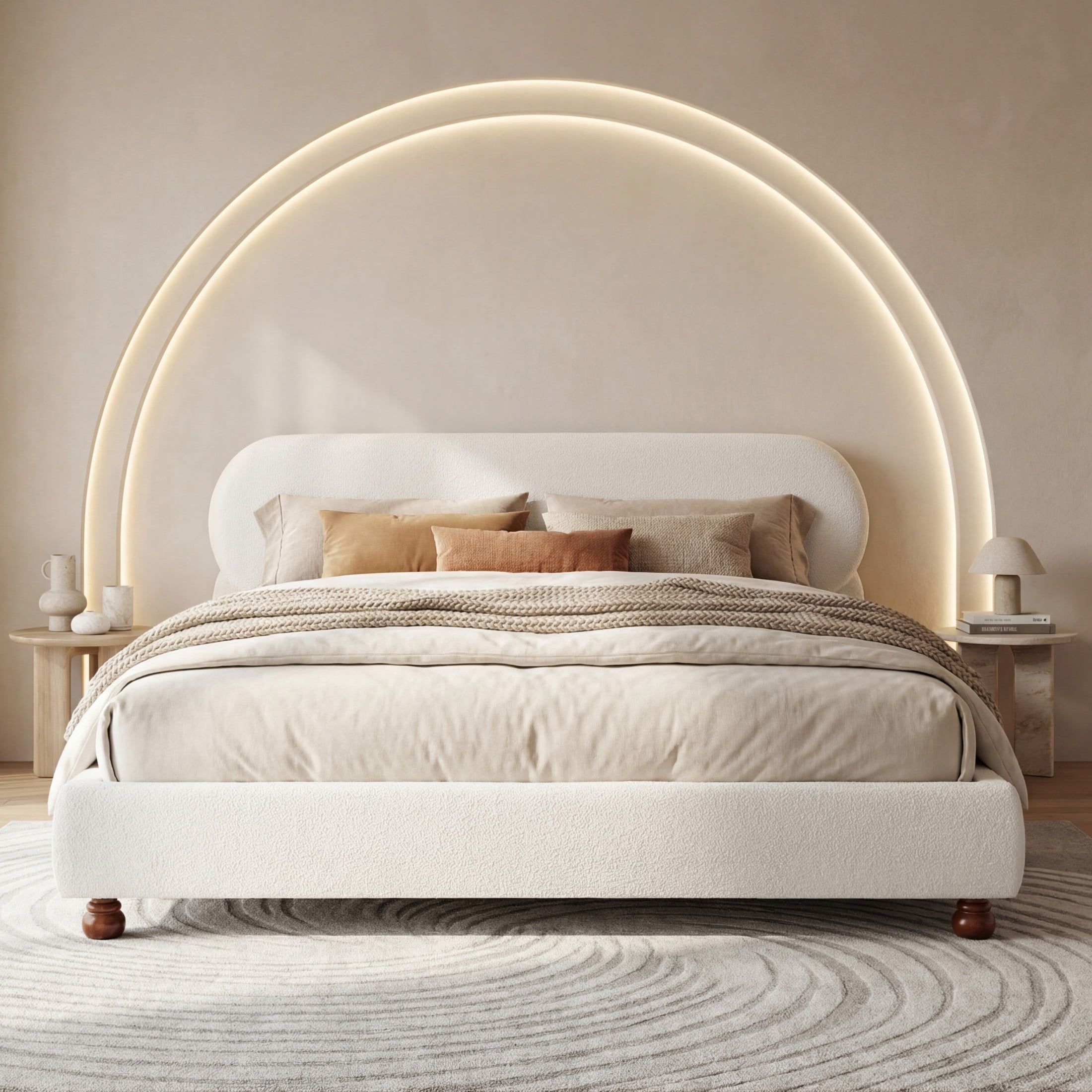 Christopher Knight Home Modern King Boucle Upholstered Bed Frame with Rubberwood Legs, White