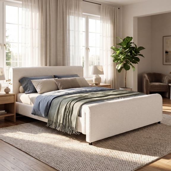 Christopher Knight Home Modern King Boucle Upholstered Curved Platform Bed, Round Headboard, White