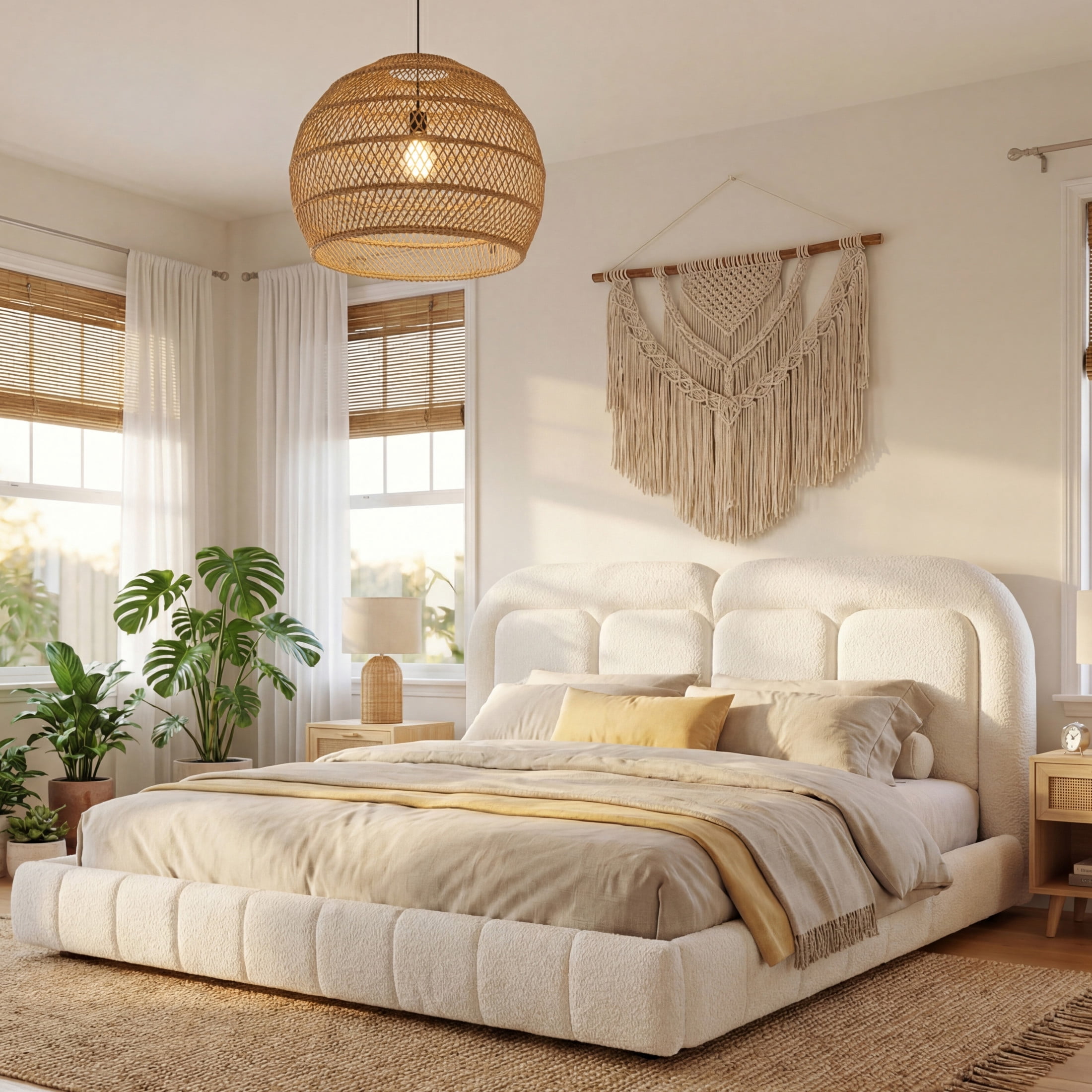 Christopher Knight Home Modern King Boucle Upholstered Platform Bed with Tufted Headboard, White