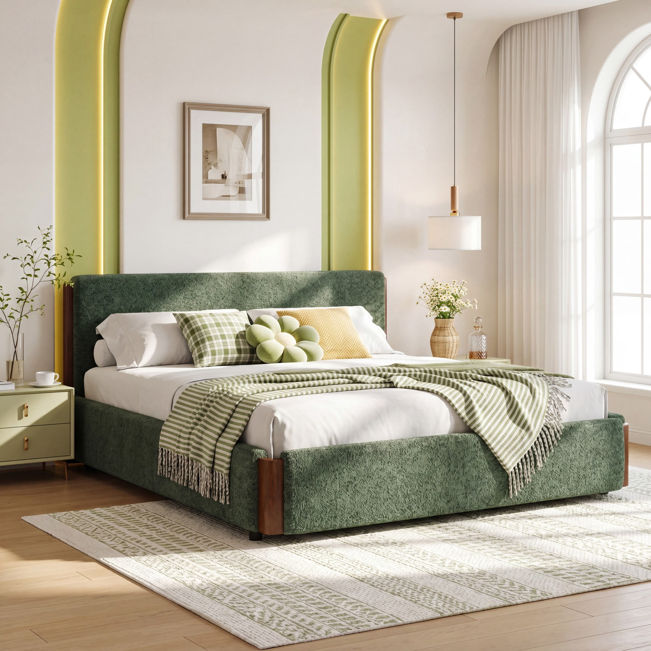 Christopher Knight Home Modern King Chenille Upholstered Platform Bed Frame with Wood Accents, Green