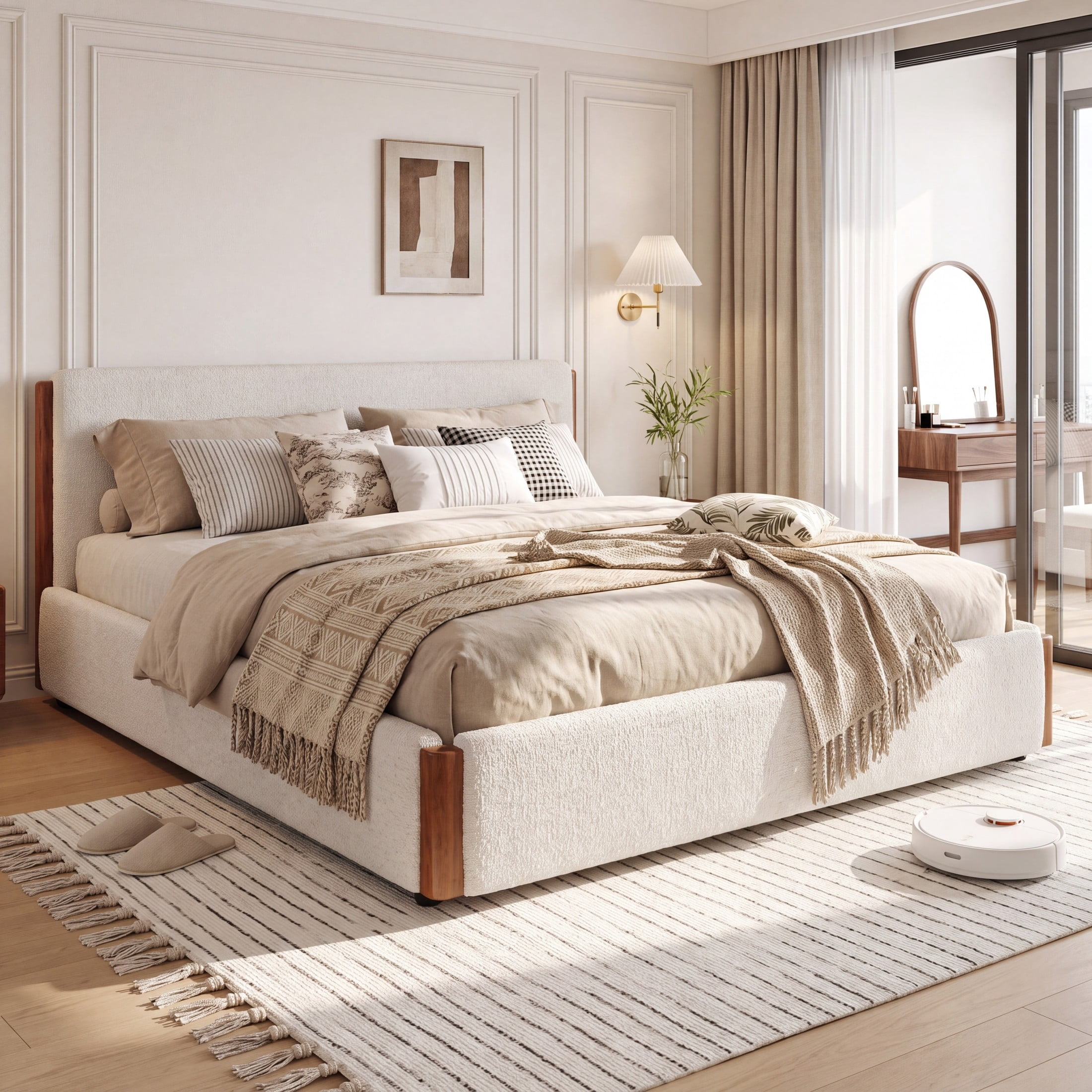 Christopher Knight Home Modern King Chenille Upholstered Platform Bed Frame with Wood Accents, White