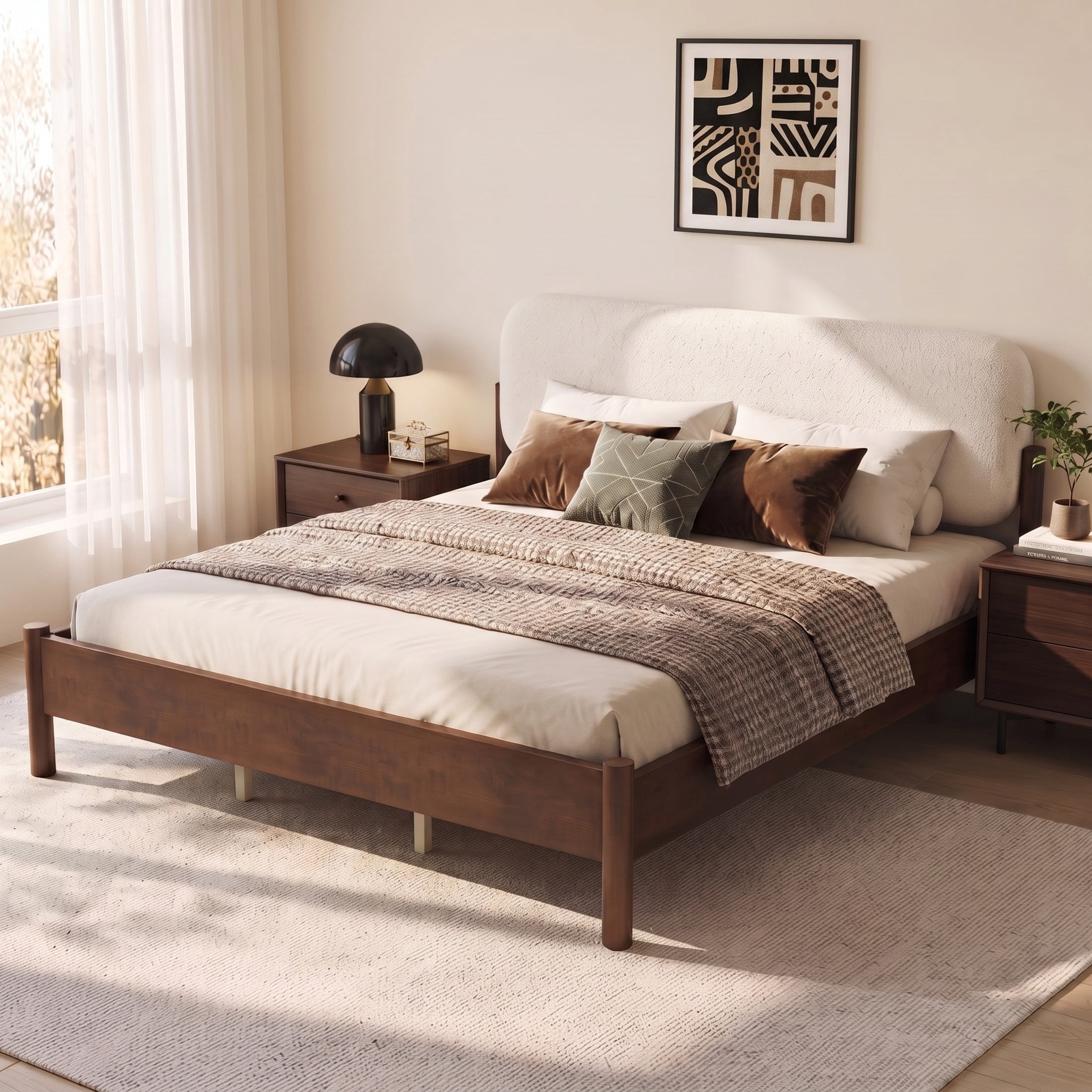 Christopher Knight Home Modern King Platform Bed Frame, Thick Rounded Upholstered Headboard, Walnut