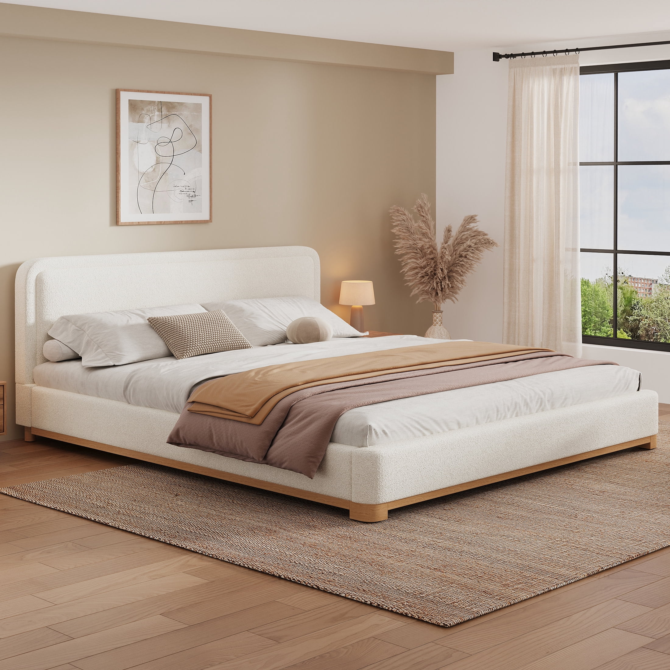 Christopher Knight Home Modern King Size Bed Frame with Curved Headboard and Boucle Upholstered, White
