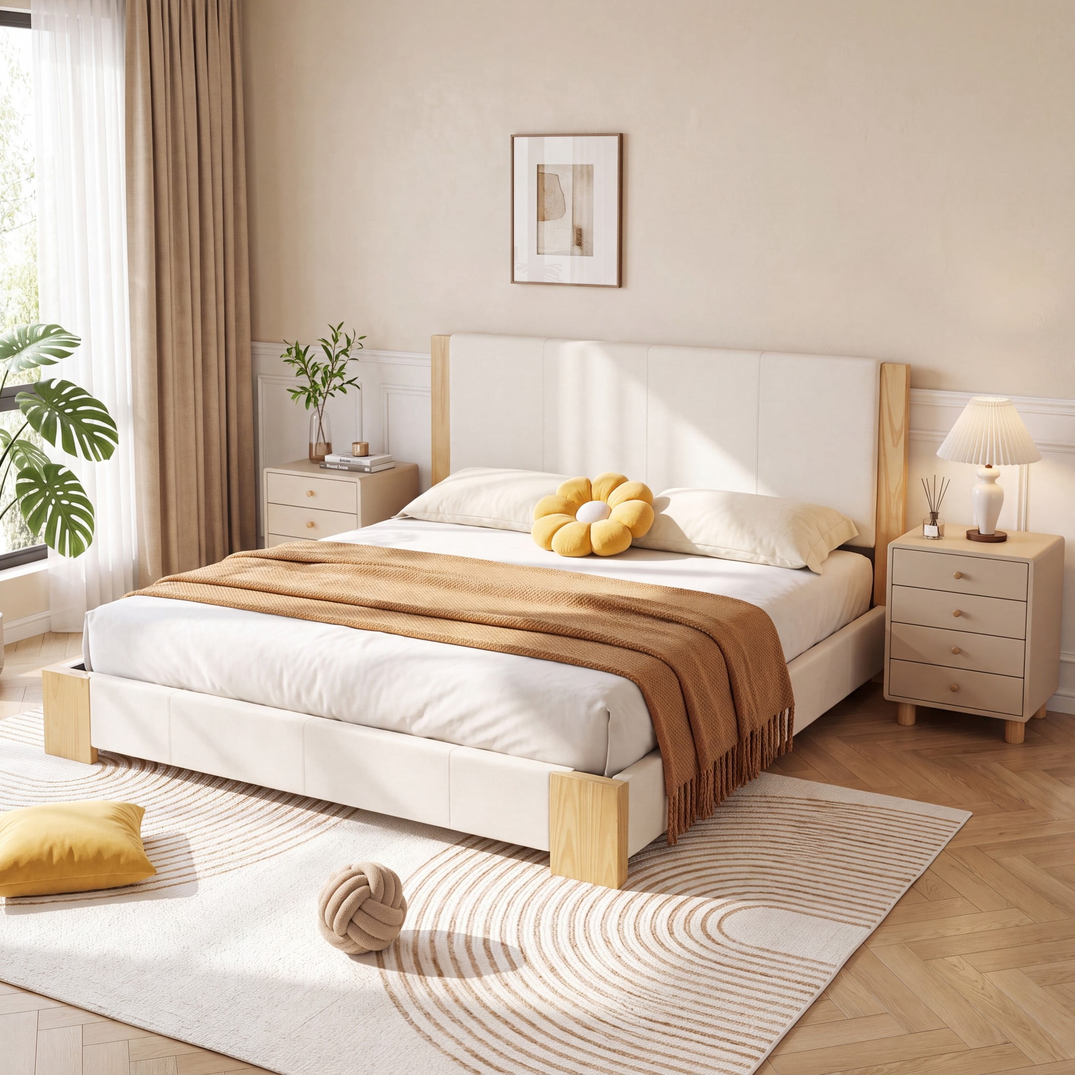 Christopher Knight Home Modern King Size Upholstered Platform Bed with Headboard, Beige+Natural