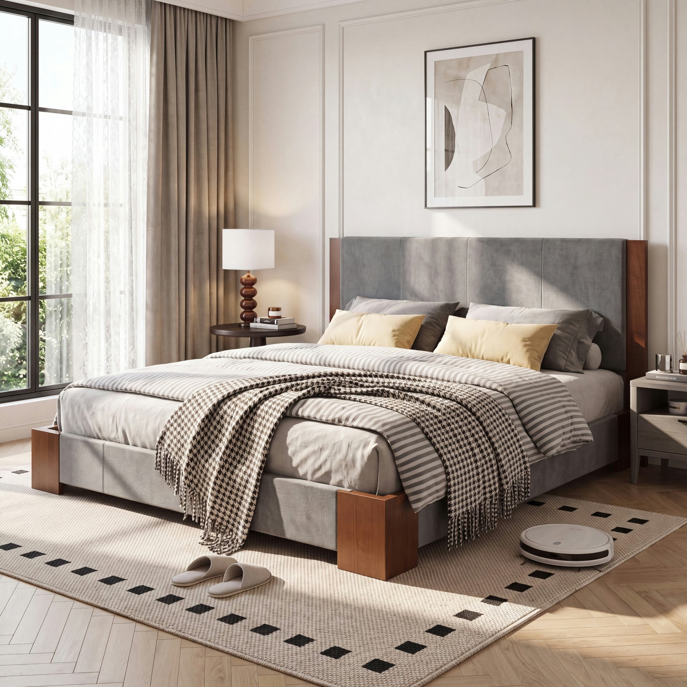 Christopher Knight Home Modern King Size Upholstered Platform Bed with Headboard, Gray+Espresso