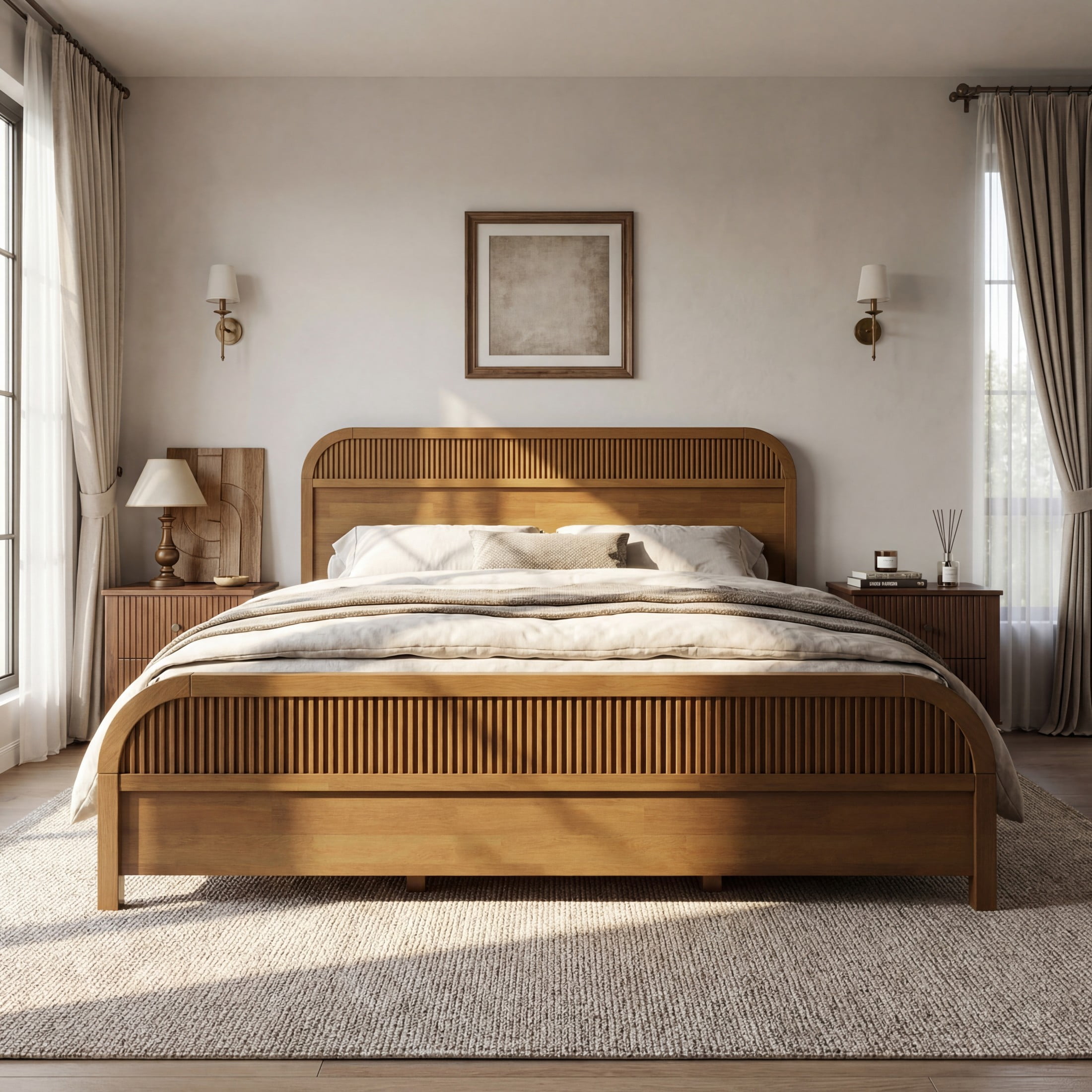 Christopher Knight Home Modern King Size Wooden Platform Bed Frame with Headboard, Blonde Oak Finish