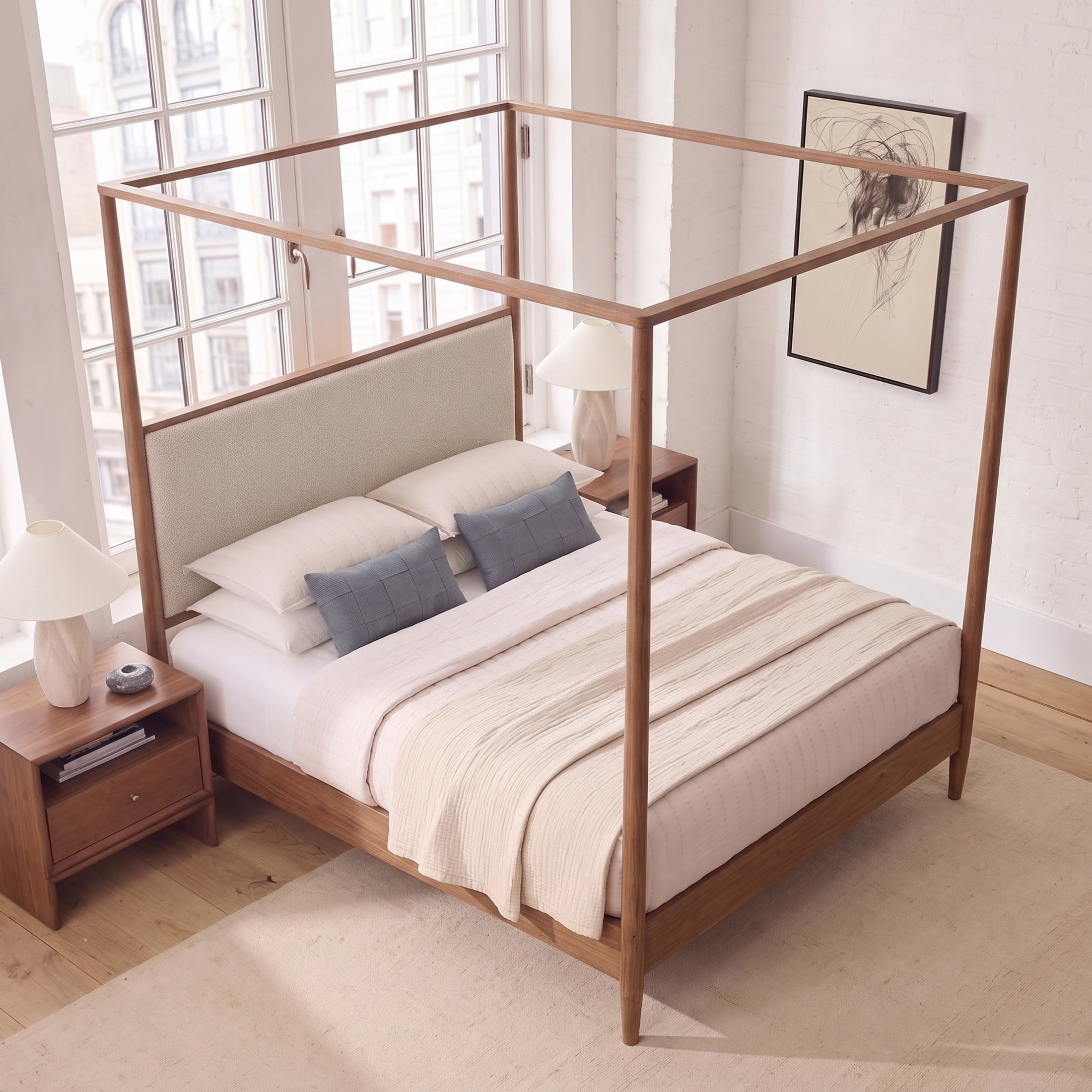 Christopher Knight Home Modern King Solid Wood Bed Frame with Boucle Upholstered Headboard, Walnut