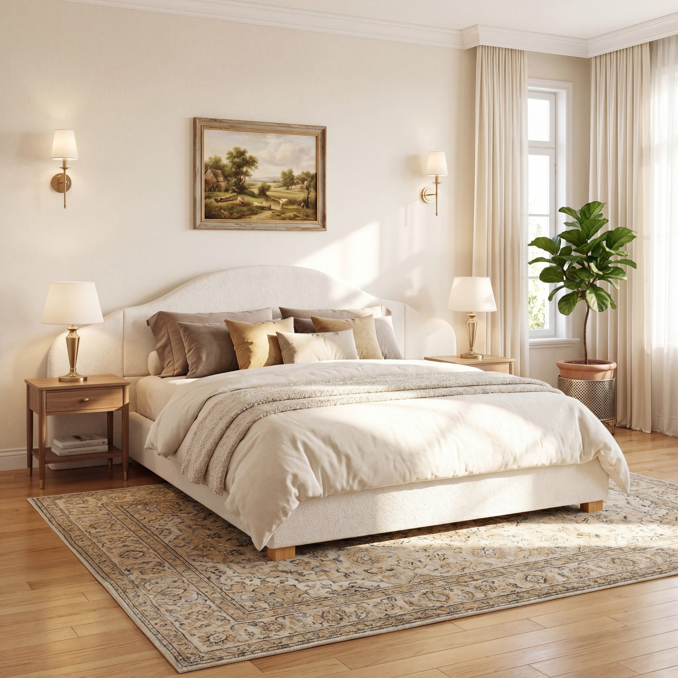 Christopher Knight Home Modern King Upholstered Bed Frame with Wide Curved Headboard, Cream White