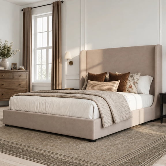 Christopher Knight Home Modern King Upholstered Platform Bed Frame, Tall Wingback Headboard, Warm Taupe