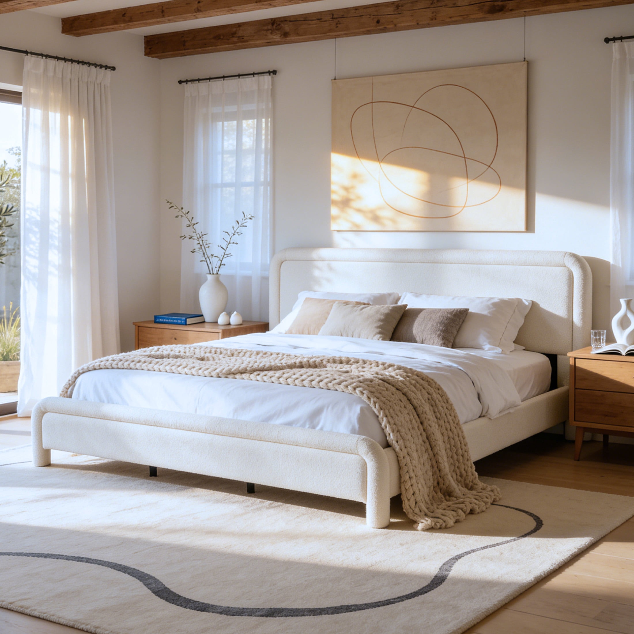 Christopher Knight Home Modern King Upholstered Platform Bed Frame with Curved Headboard, White