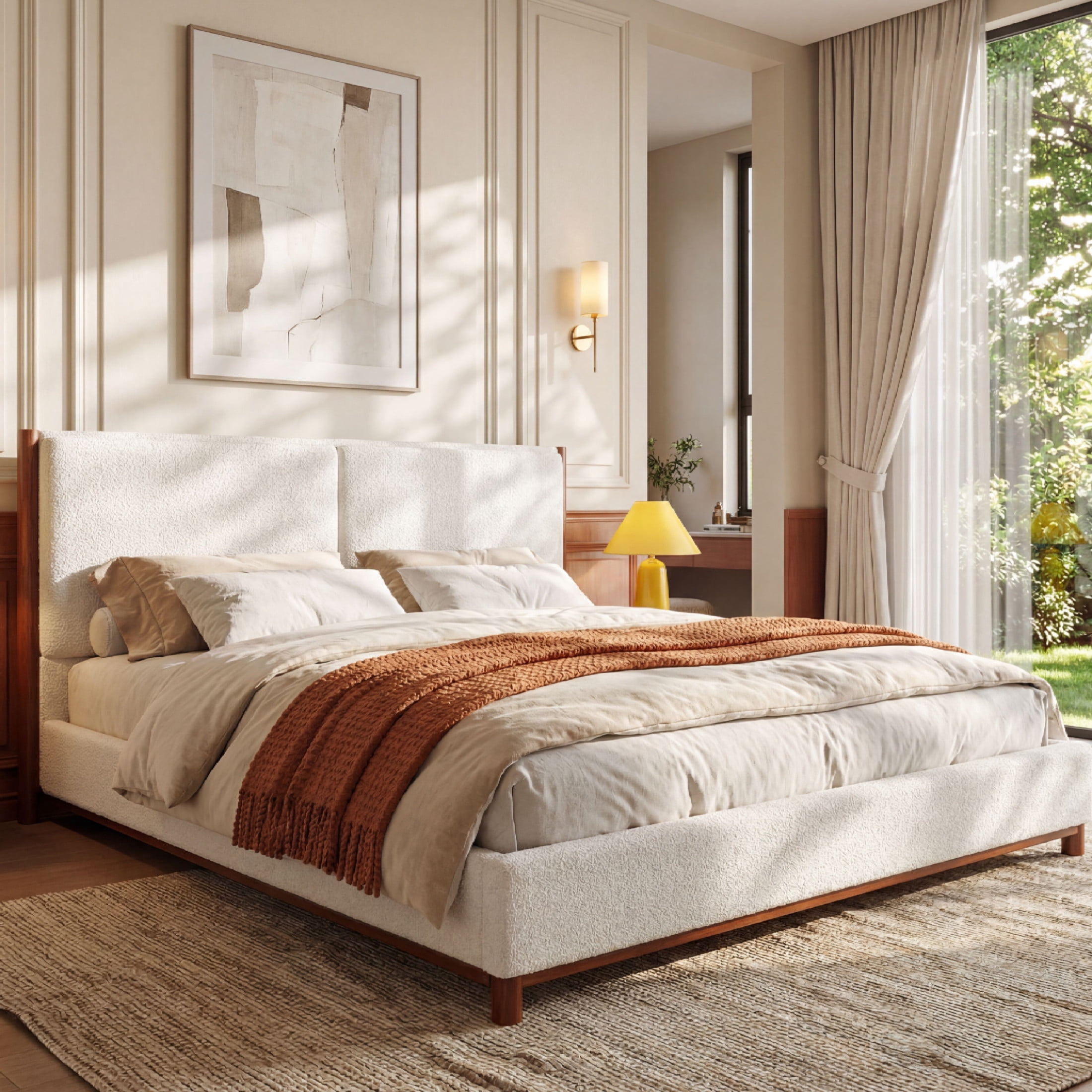 Christopher Knight Home Modern King Upholstered Platform Bed Frame with Headboard, Walnut+White