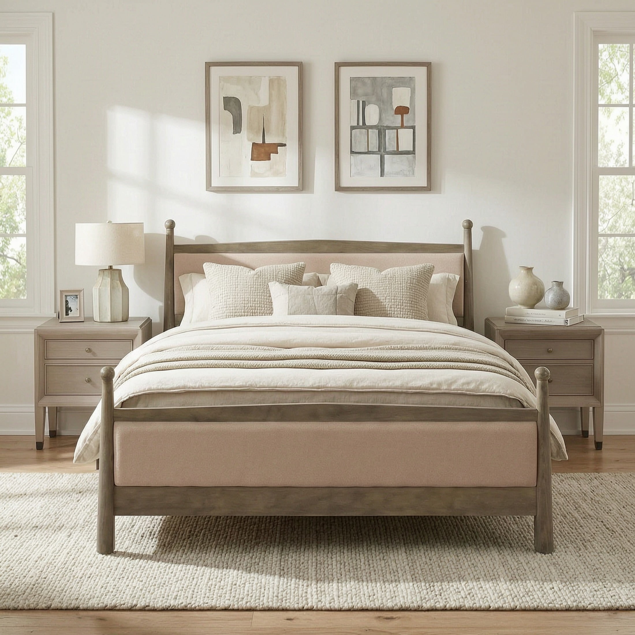 Christopher Knight Home Farmhouse Bedroom Set, King Upholstered Bed with 2 Nightstands, Natural+Gray