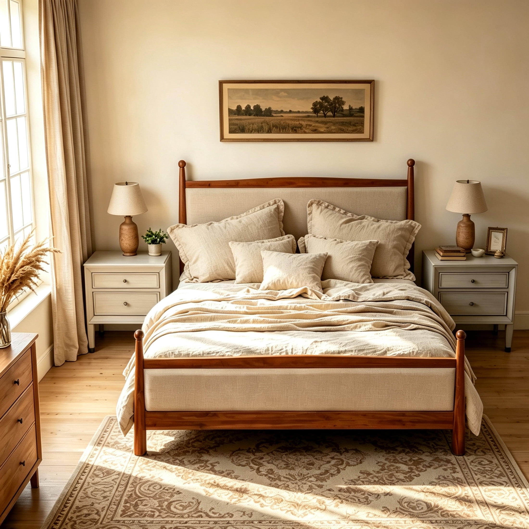 Christopher Knight Home Farmhouse Bedroom Set, King Upholstered Bed with 2 Nightstands, Cherry+Gray