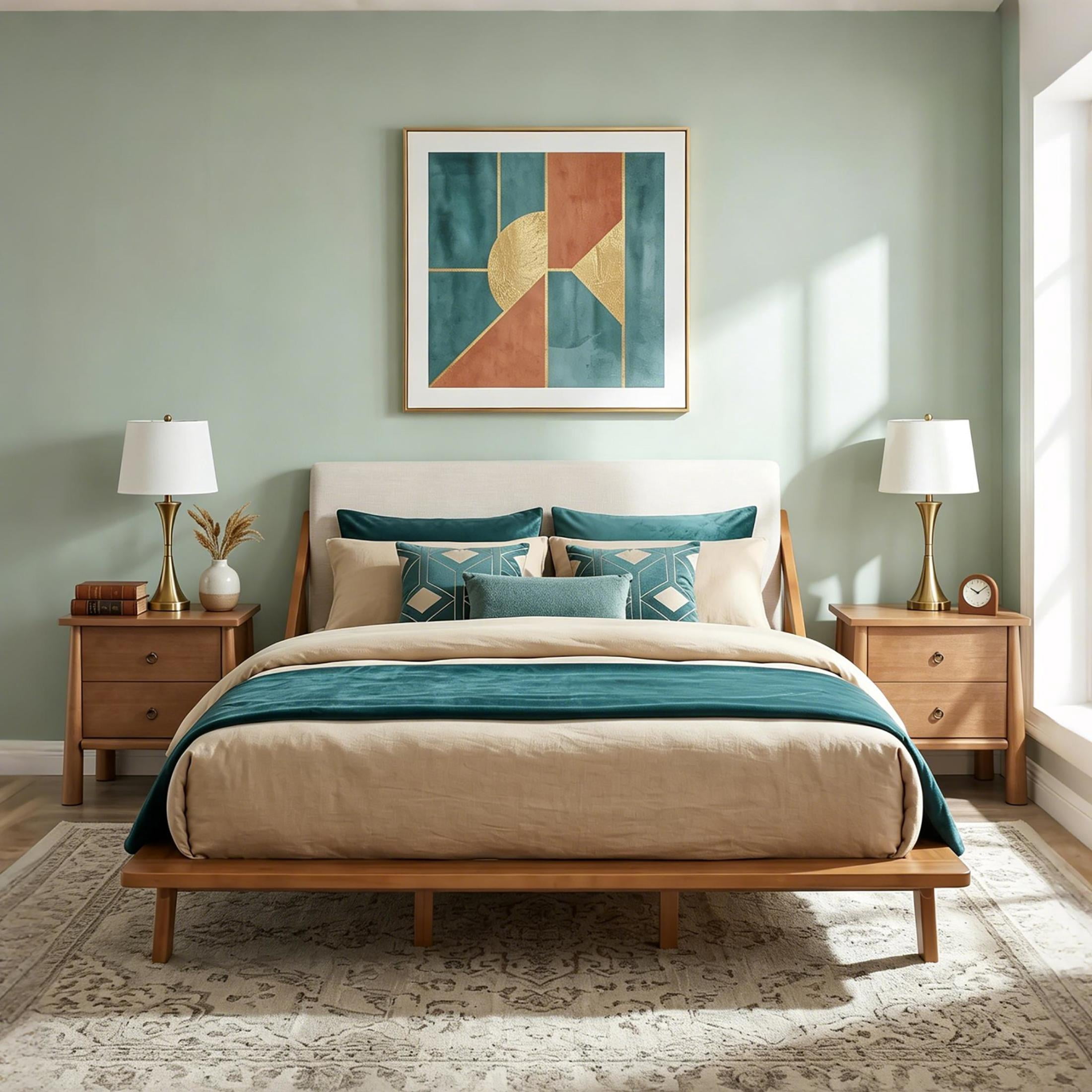 Christopher Knight Home Modern King Upholstered Platform Bed with 2 Natural Nightstands, Natural+Beige