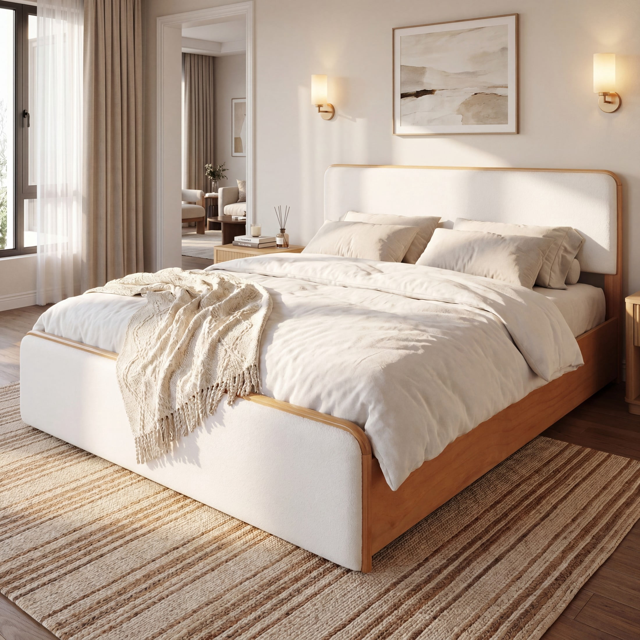 Christopher Knight Home Modern King Wood Bed Frame with Upholstered Headboard and Footboard, Natural