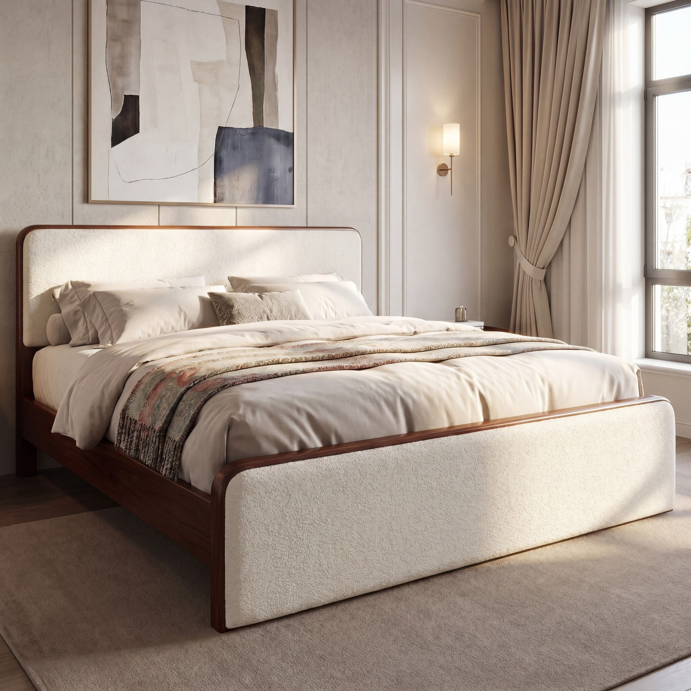 Christopher Knight Home Modern King Wood Bed Frame with Upholstered Headboard and Footboard, Walnut