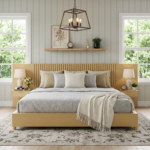 Christopher Knight Home Modern King Wood Platform Bed with Nightstands and Reading Lights, Natural