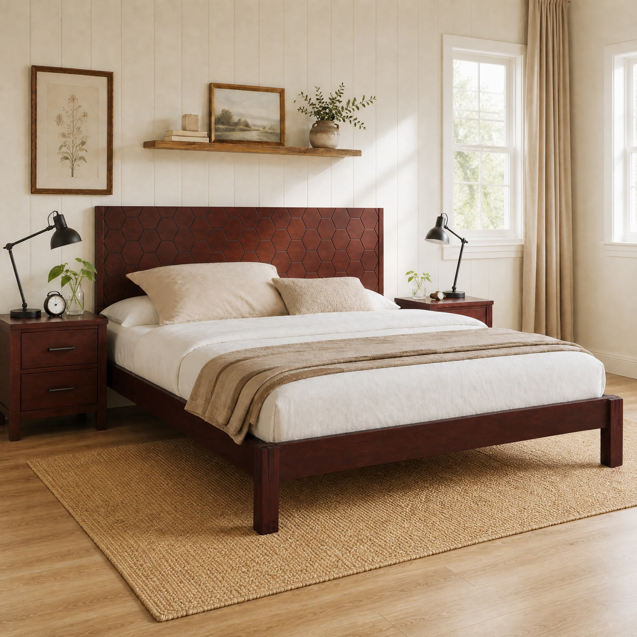 Christopher Knight Home Modern King Wooden Platform Bed Frame With Honeycomb Headboard, Walnut