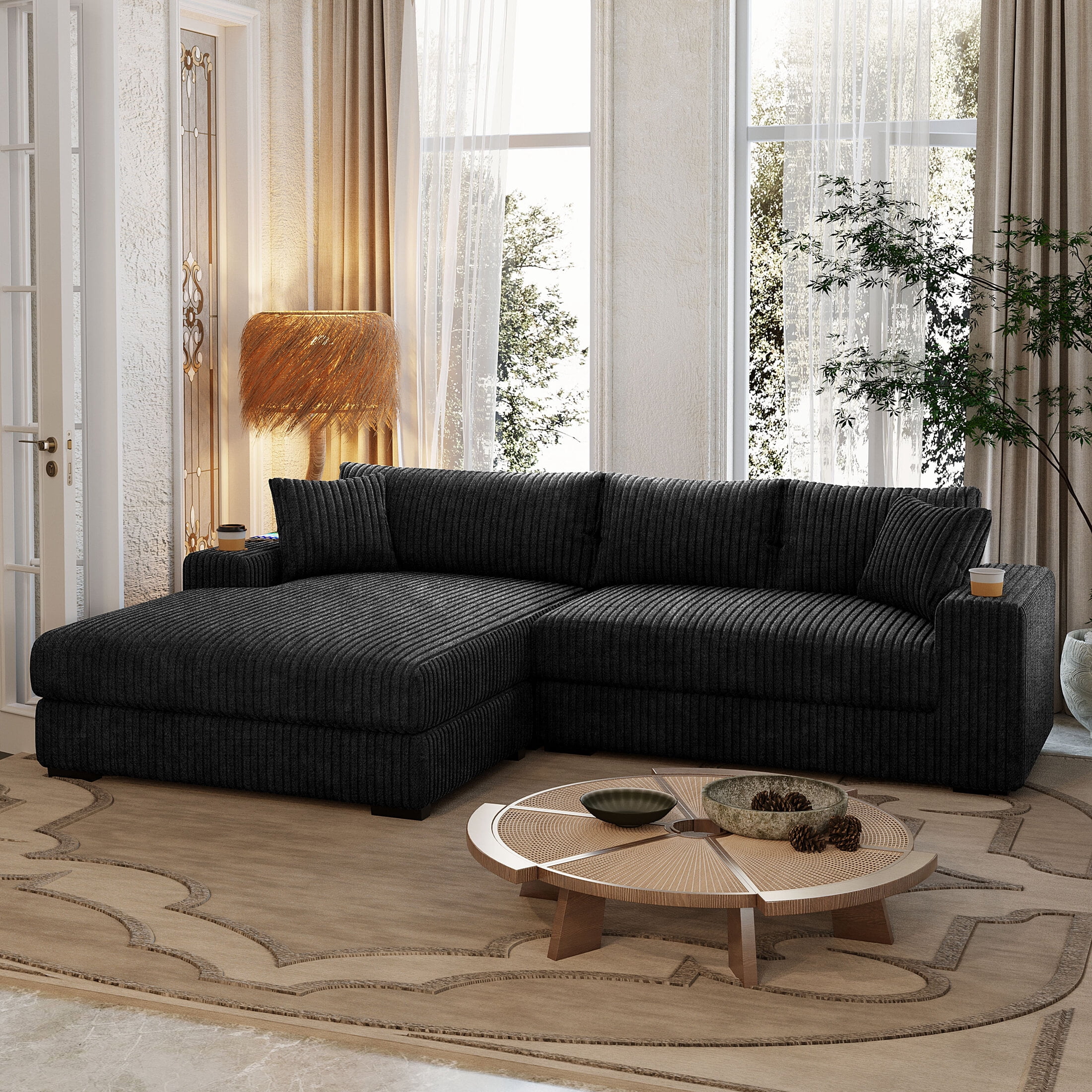 Christopher Knight Home Modern L-Shaped Sectional Sofa with Cup Holders & Charging Ports, Black