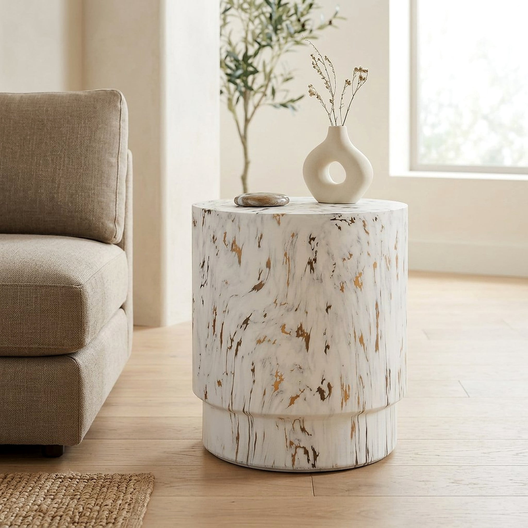Christopher Knight Home Modern Lightweight MGO Accent Side Table with Drum Shape, Alabaster