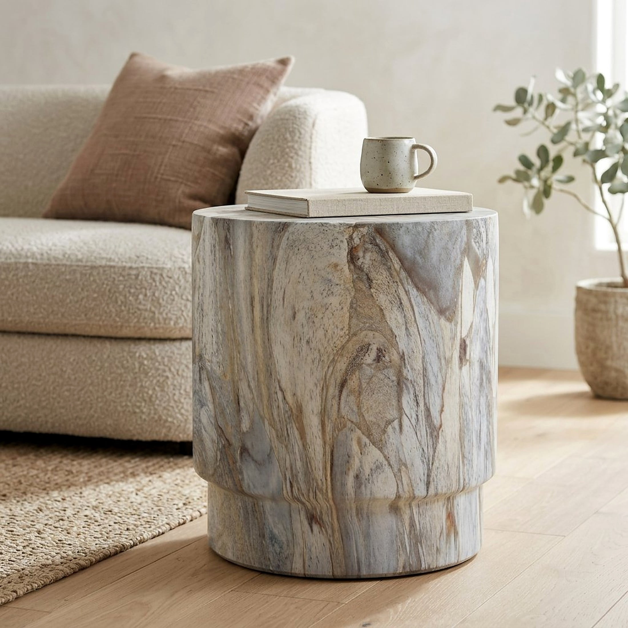 Christopher Knight Home Modern Lightweight MGO Accent Side Table with Drum Shape, Mist Stone