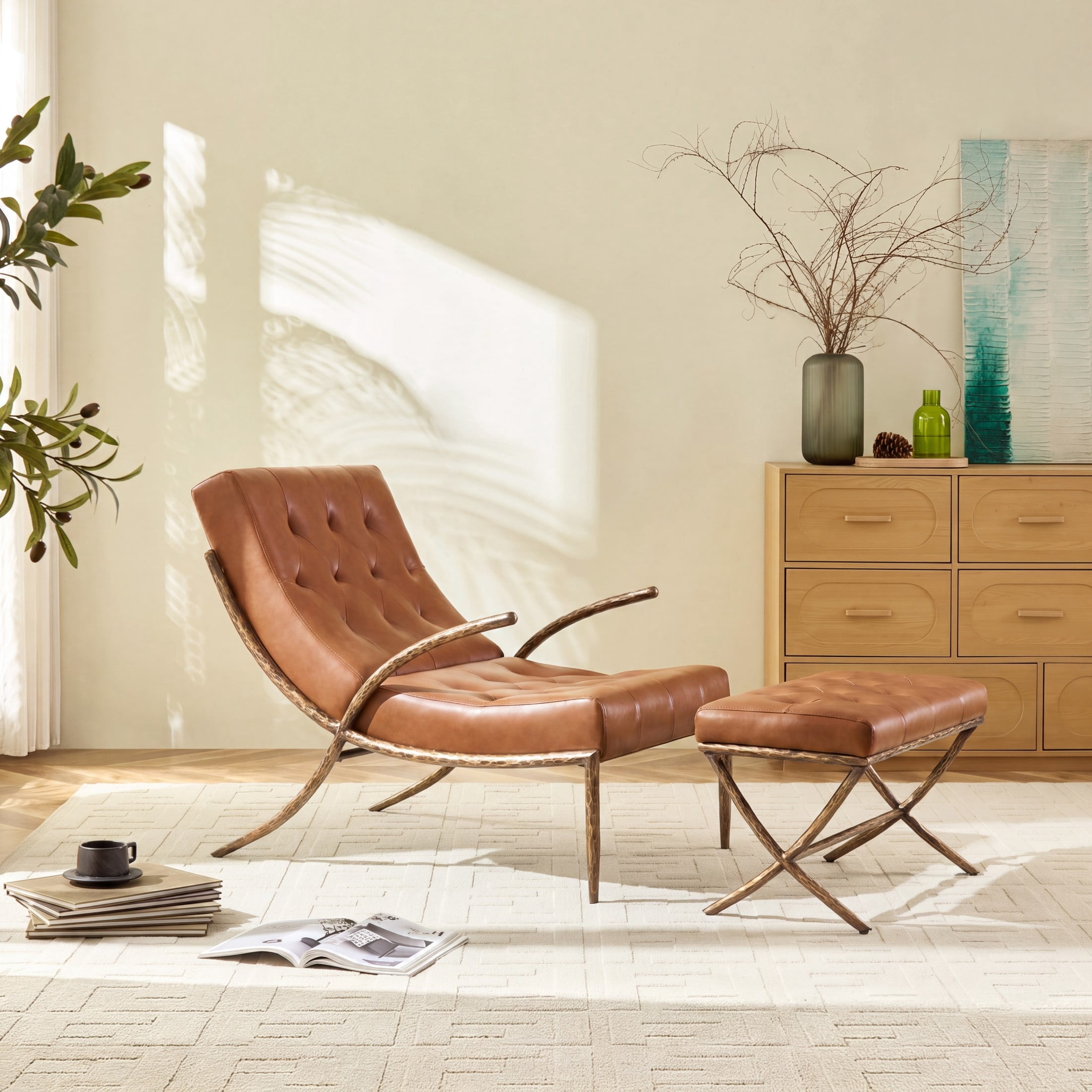 Christopher Knight Home Modern Lounge Chair with Ottoman, Leather Upholstery, Curved Metal Frame, Brown