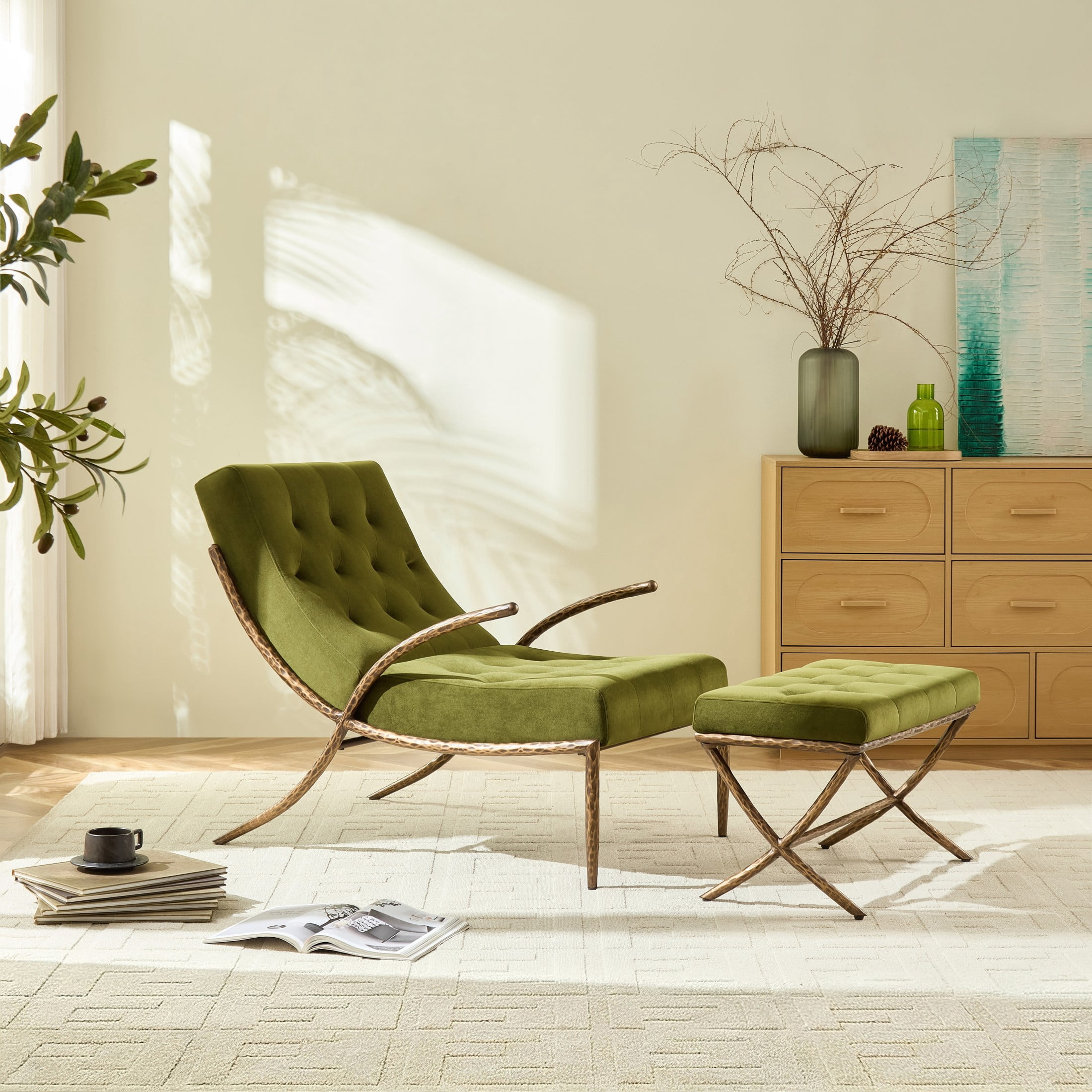 Christopher Knight Home Modern Lounge Chair with Ottoman, Velvet Upholstery, Curved Metal Frame, Green