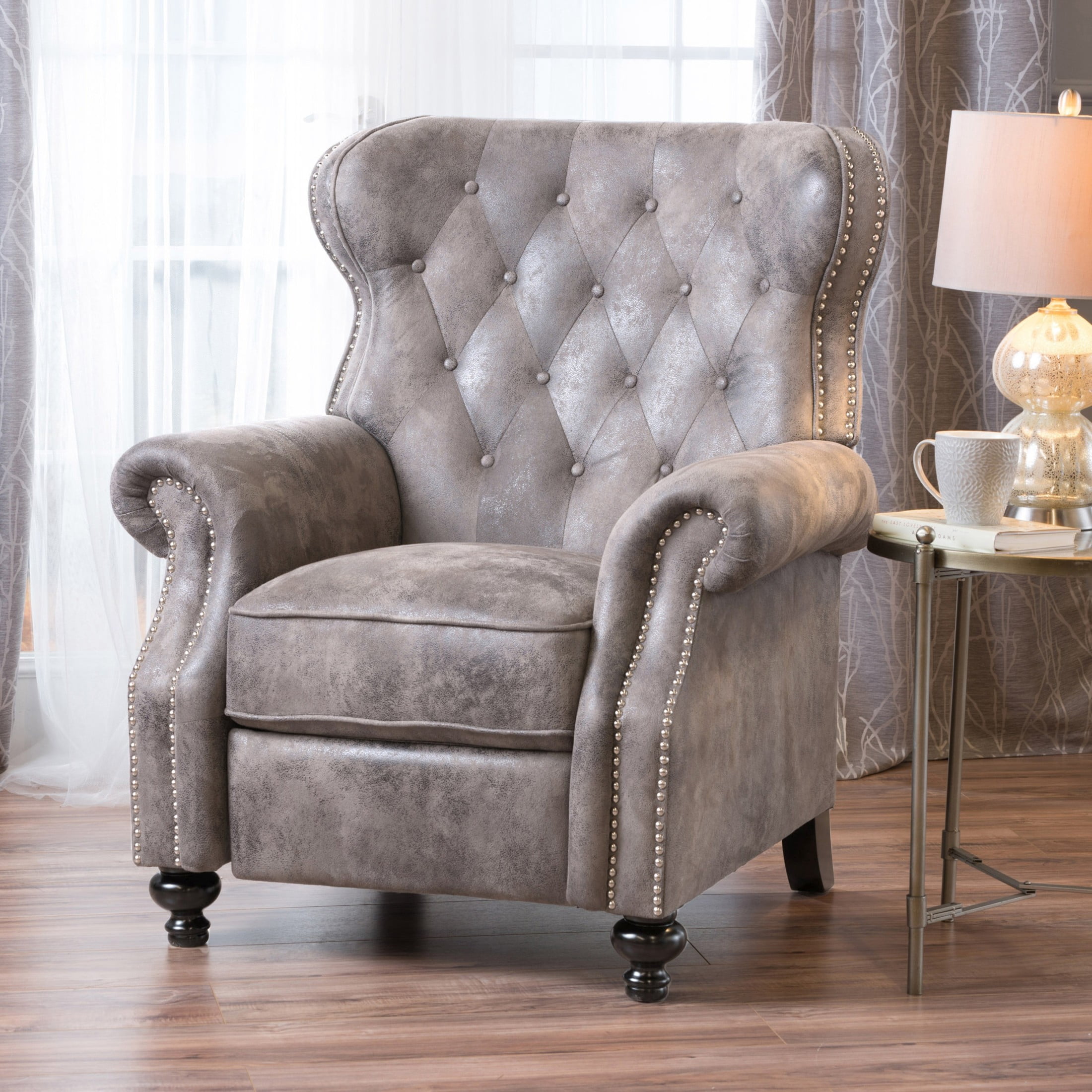 Christopher Knight Home Modern Manual Push Back Recliner with Rolled Arms, Nailhead Trim, Brown Gray